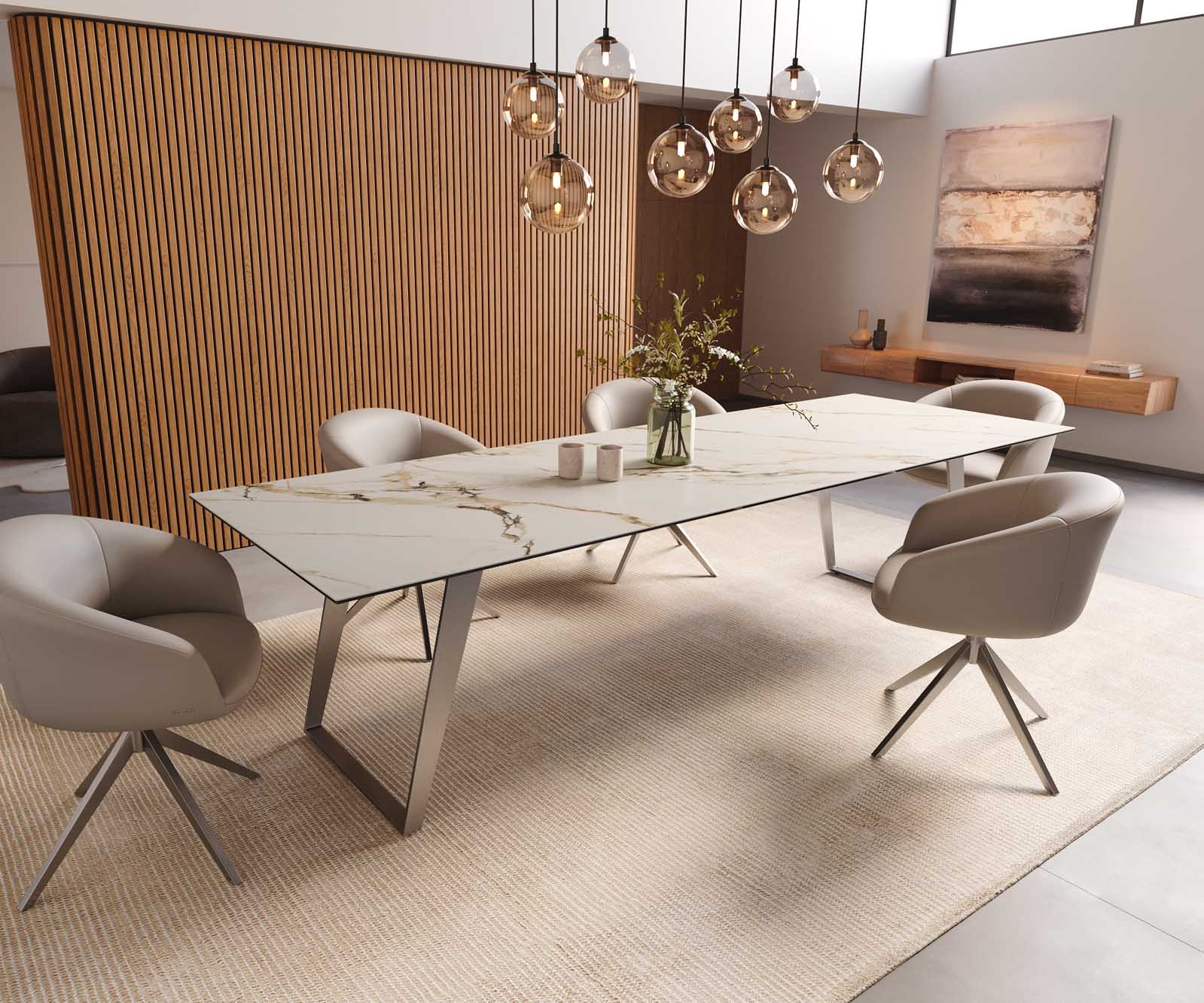 Eetkamertafel Edge 300x100 keramiek Calacatta Luxe wit-goud-grijs RVS schuin 8