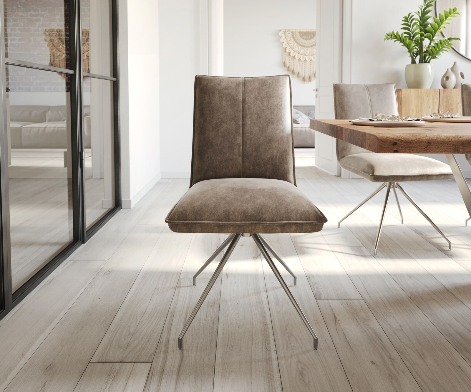 Eetkamerstoel Lelio-Flex microvelours taupe vintage kruisframe conisch roestvrij staal pocketveer kern 1