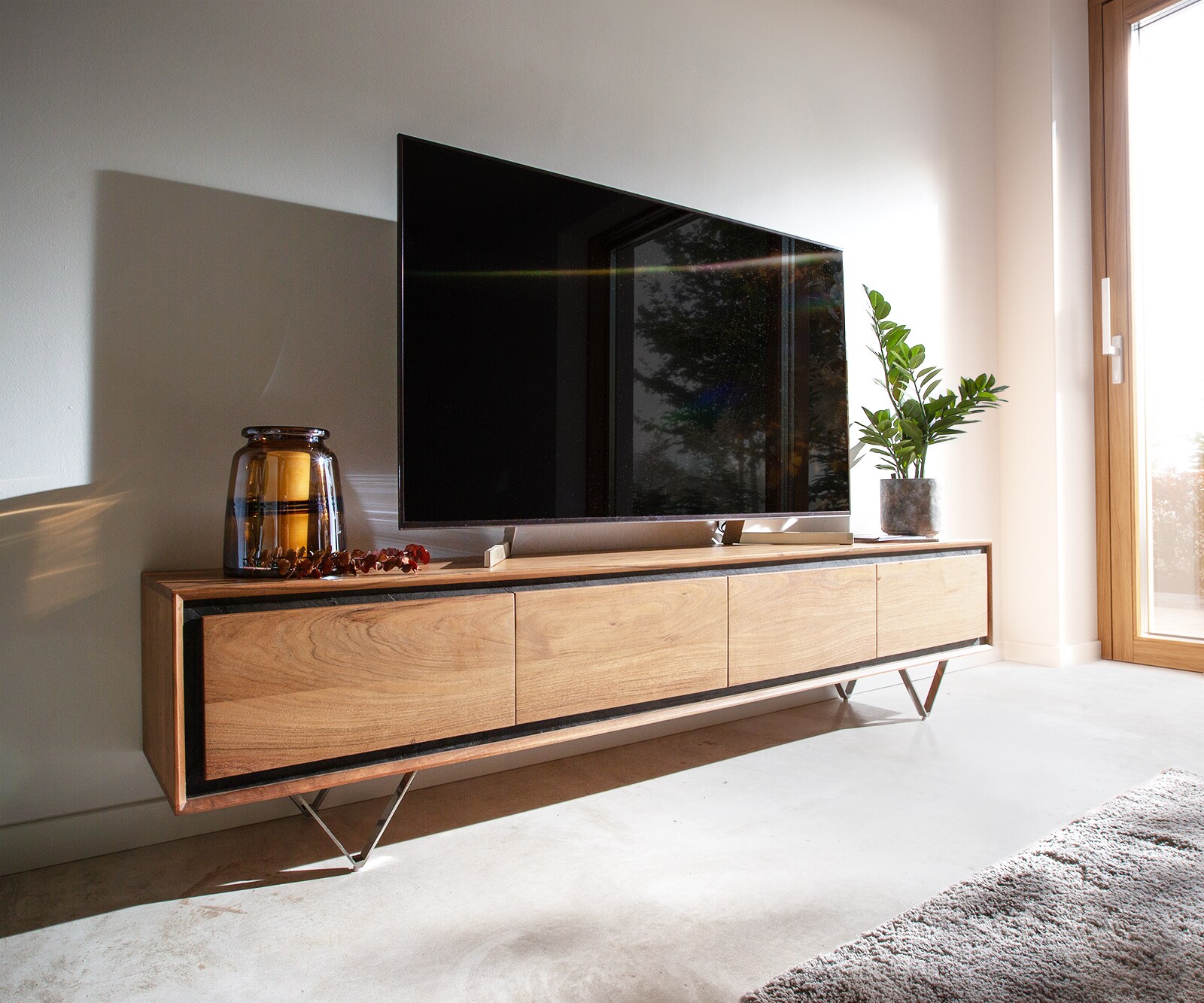 Tv-meubel Stonegrace 200 cm acacia natuur 4 deuren steenfineer V-poot