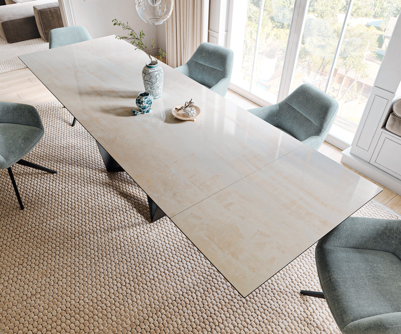 Eettafel Edge 200-300x100 cm keramiek Onyx Champagne Spider plat staal zwart uittrekbaar 4