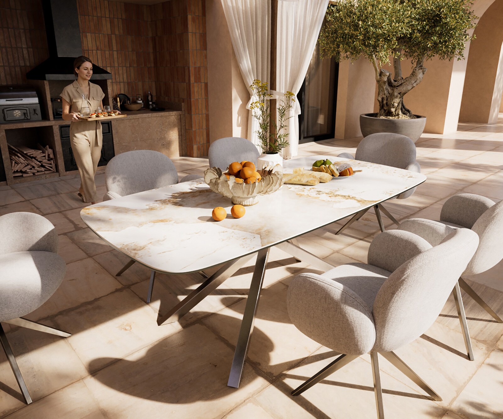 Outdoortafel Edge Boot 200x100 cm keramiek Minas Melange wit-beige kruispoot rechthoekig roestvrij staal