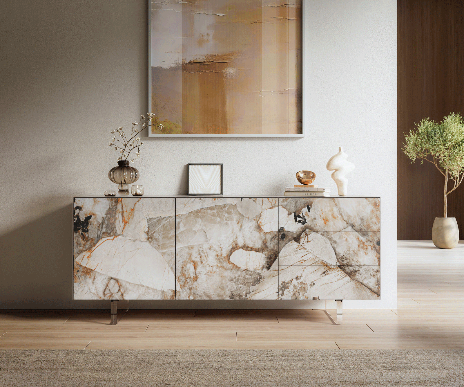 Dressoir Cuor 180 cm Keramiek Patagonia gepolijst 2 Deuren 3 Laden Zwevende voet look Acrylglas 2