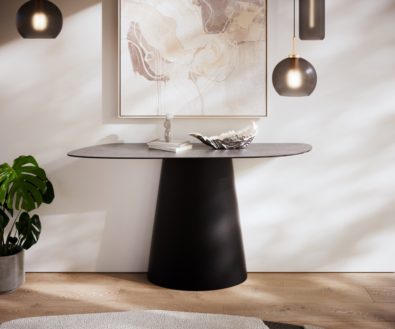 Consoletafel Edge Organisch 140x40 cm Keramiek Beton Grijs Conos Metaal Zwart 1