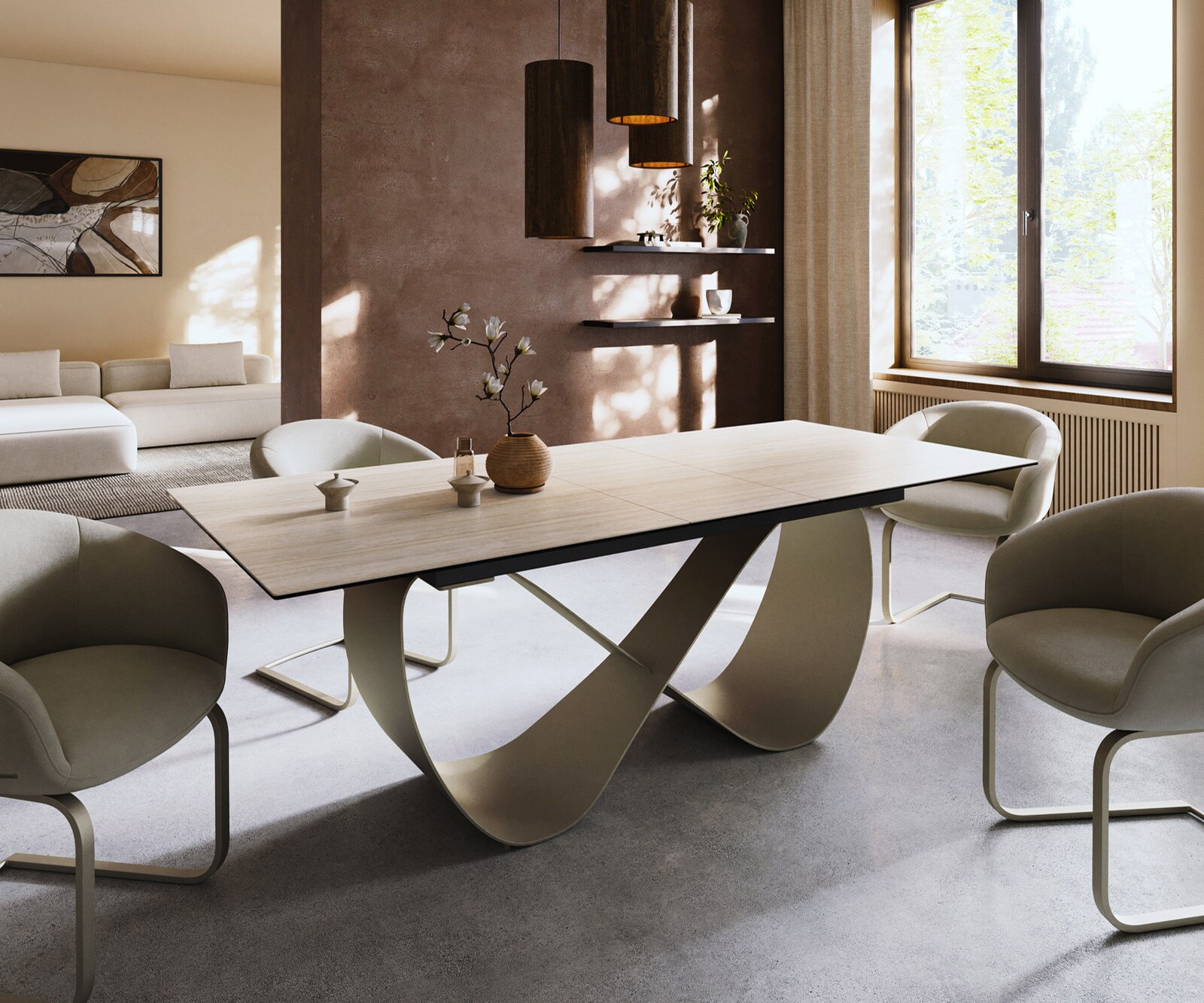 Eettafel Edge 180-220x90 keramiek  Laminam® Travertino Bianco Creme-wit Infinity metaal effectafwerking Titan uitrekbaar