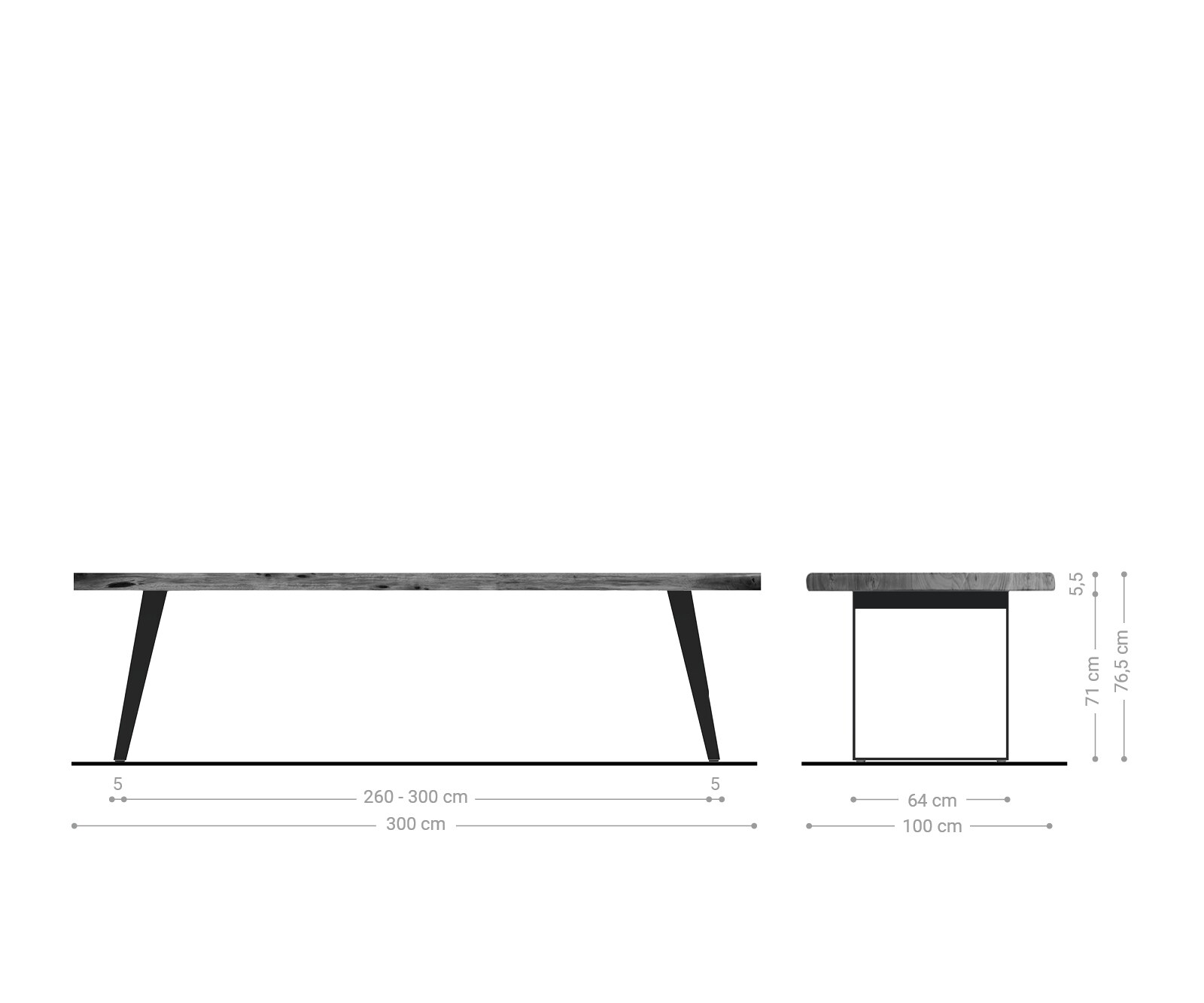 Eettafel Edge 300x100cm XL acacia bruin roestvrijstaal zilver schuin Live-Edge 6