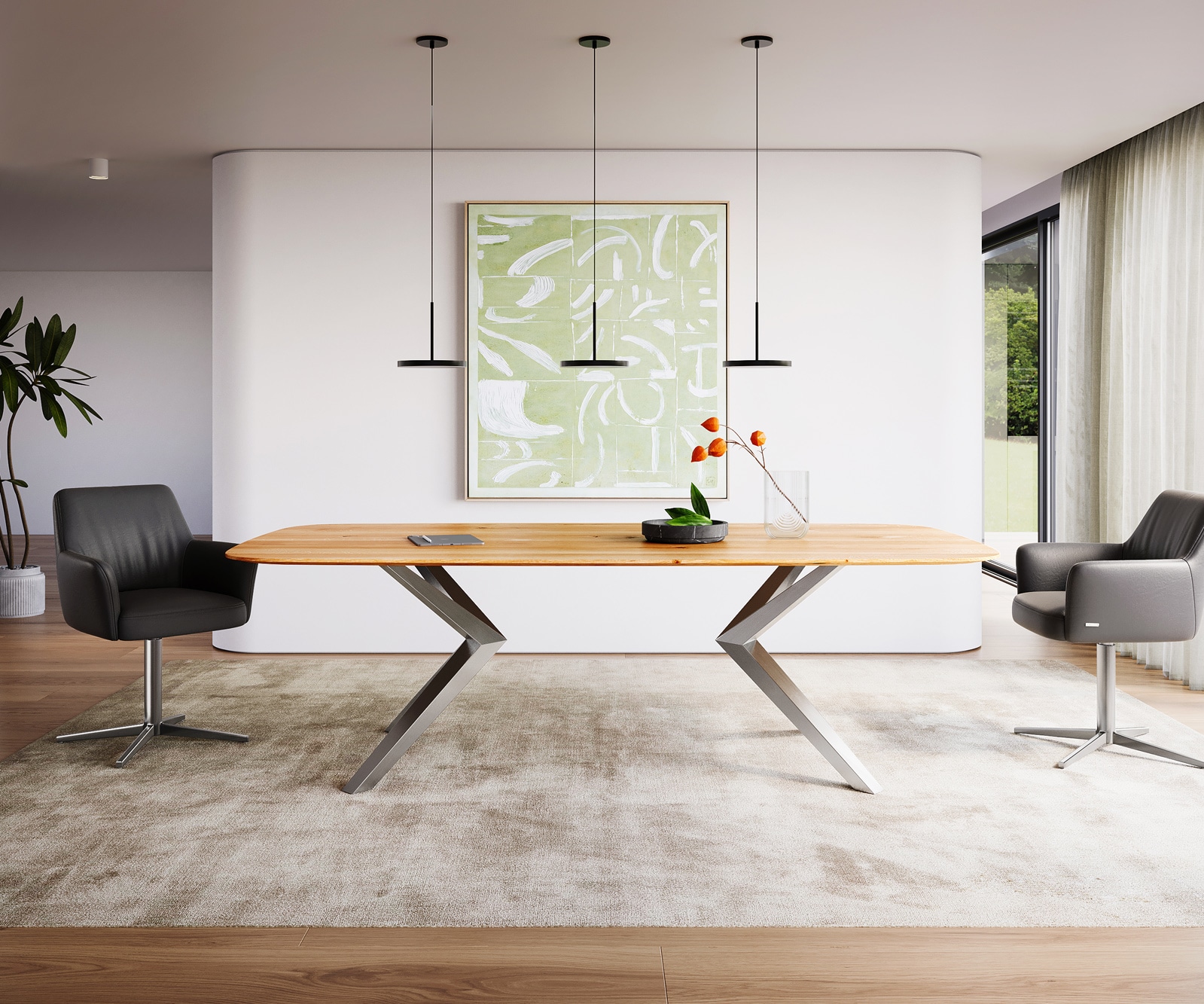 Eettafel Edge Boot 240x120x2,5-3 eiken natuur Zenthara kantig RVS Zwitserse rand Eettafel Edge Boot 240x120x2,5-3 eiken natuur Zenthara kantig RVS Zwitserse rand