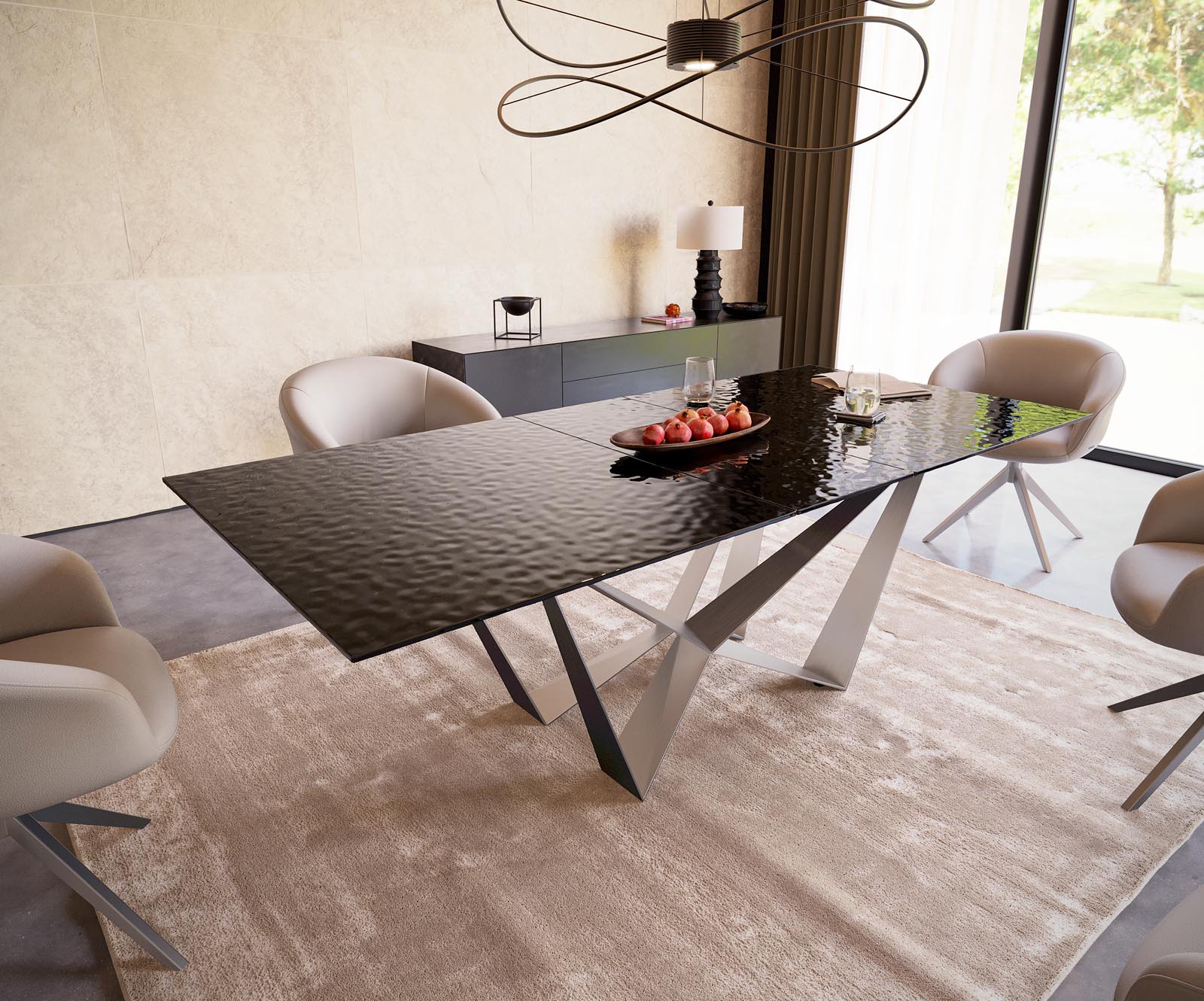 Eetkamertafel Edge 180-220x100 Glas smelten rokerig zwart 3D-Relief spider vlak staal RVS uitschuifbaar