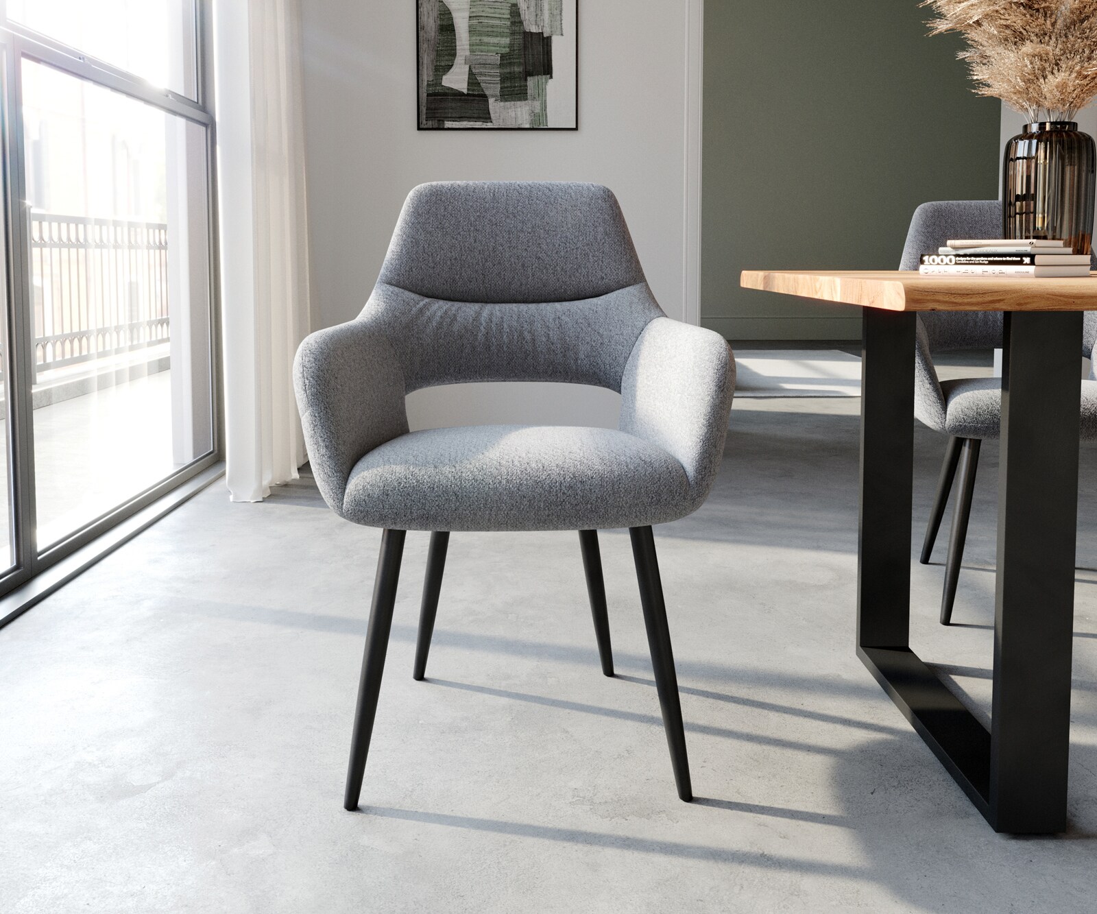 Eetkamerstoel Yago-Flex met armleuning structuurstof lichtgrijs 4-poot conisch zwart pocketveer kern 1 Eetkamerstoel Yago-Flex met armleuning structuurstof lichtgrijs 4-poot conisch zwart pocketveer kern 1