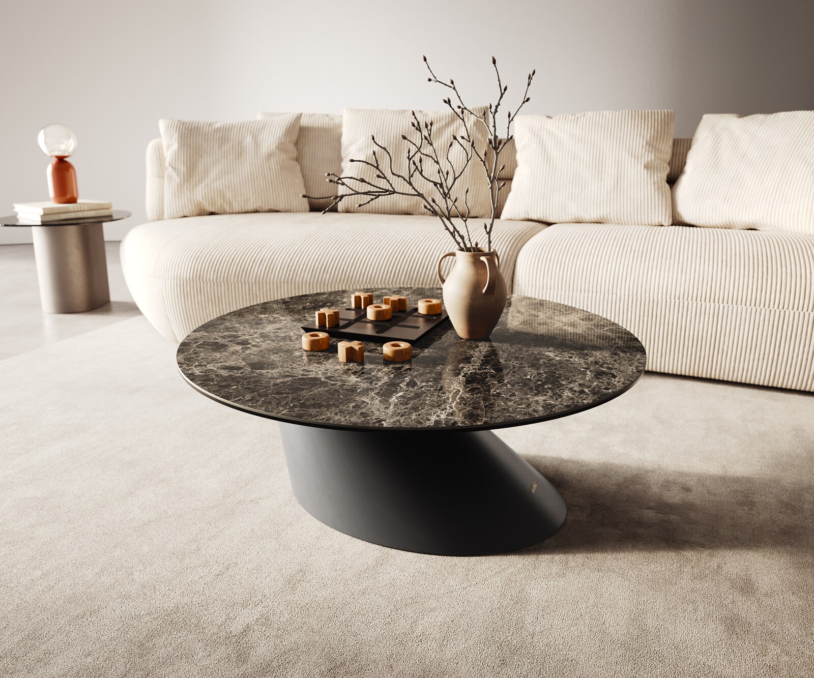 Salontafel Edge rond 90x90 cm keramiek Laminam® Emperador Extra Lucidato donkerbruin Conis zwart metaal 1