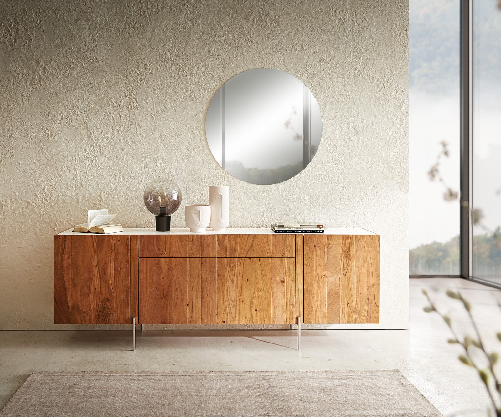 Commode Secara 200 cm acacia natuur 4 deuren 2 laden marmeren poten roestvrij staal 1