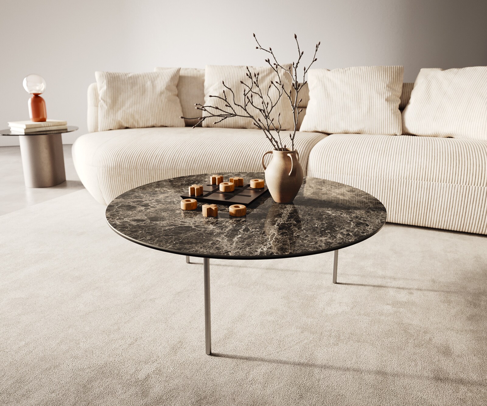 Salontafel Edge rond 90x90 cm keramiek Laminam® Emperador Extra Lucidato donkerbruin Trive geborsteld roestvrij staal 1