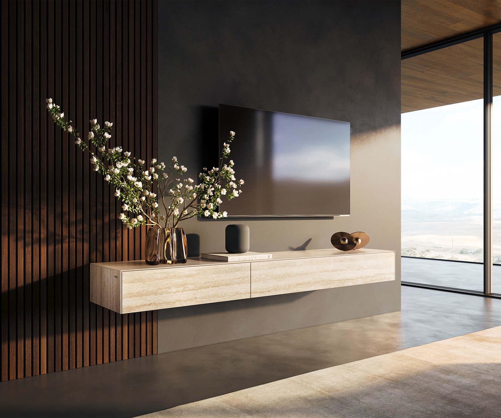 Tv-meubel Cuor 200 cm Keramiek Laminam® Travertino Bianco Crème-wit 1 Flap 1 Lade Zwevende voet look Roestvrij staal