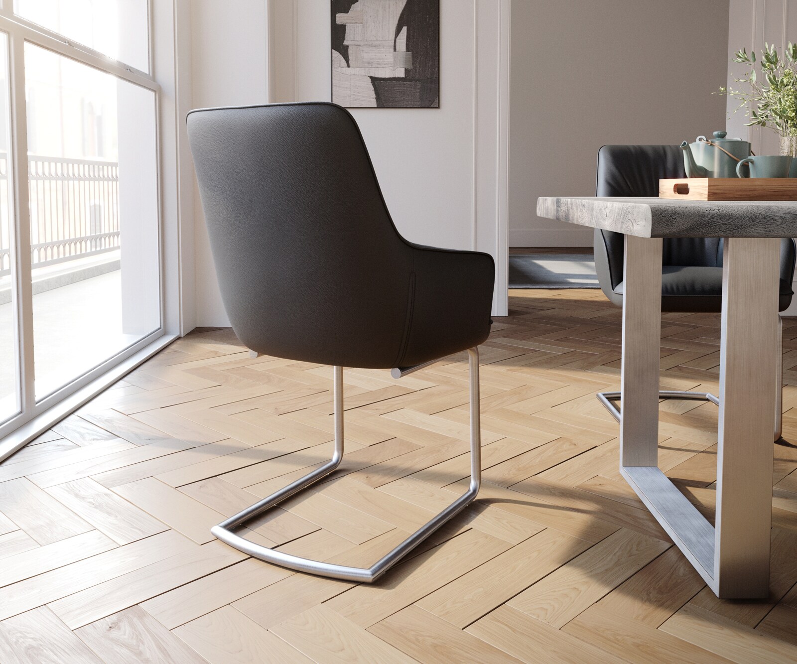 Sledemodel Zelia-Flex met armleuning echt leer zwart sledemodel rond roestvrij staal pocketveer kern 4 Sledemodel Zelia-Flex met armleuning echt leer zwart sledemodel rond roestvrij staal pocketveer kern 4