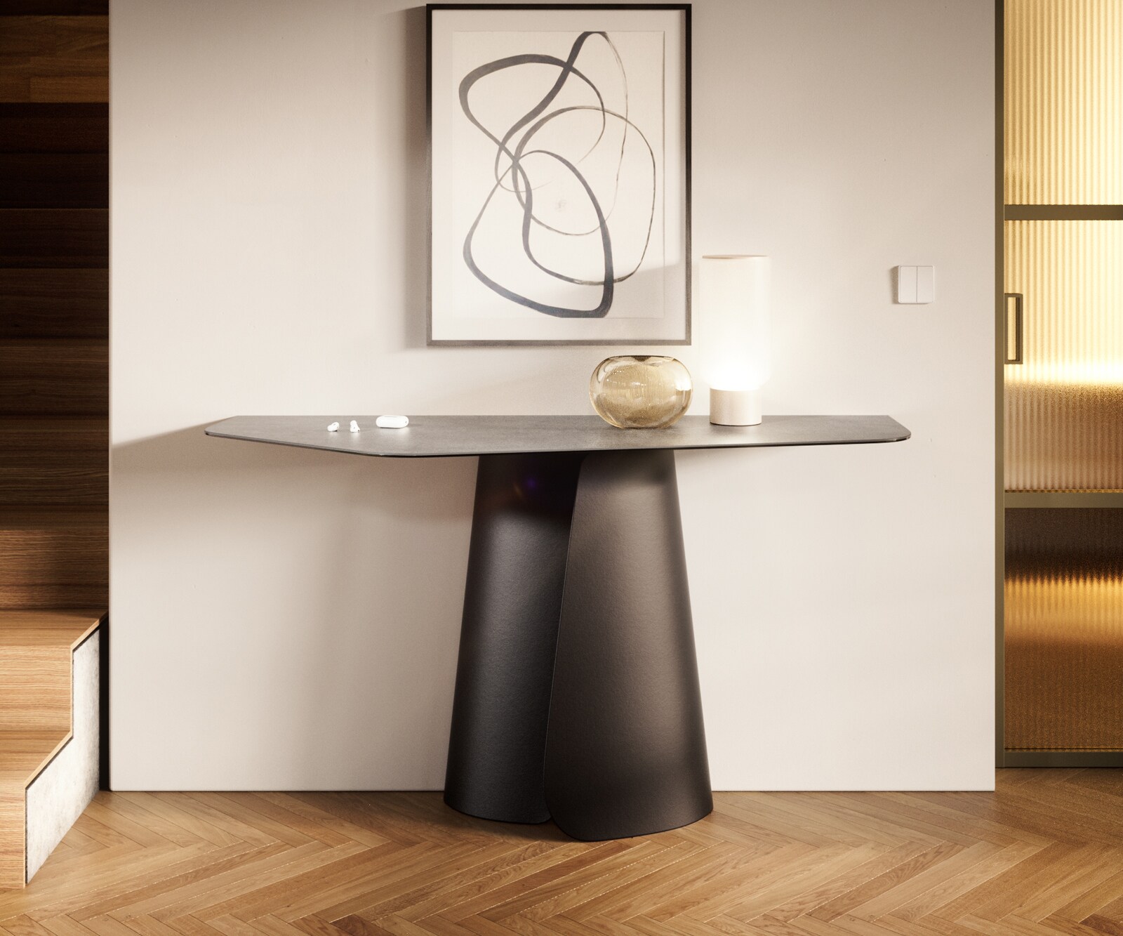 Consoletafel Edge Polygonaal 140x50 cm Keramiek Betongrijs Spios Metaal Zwart 1