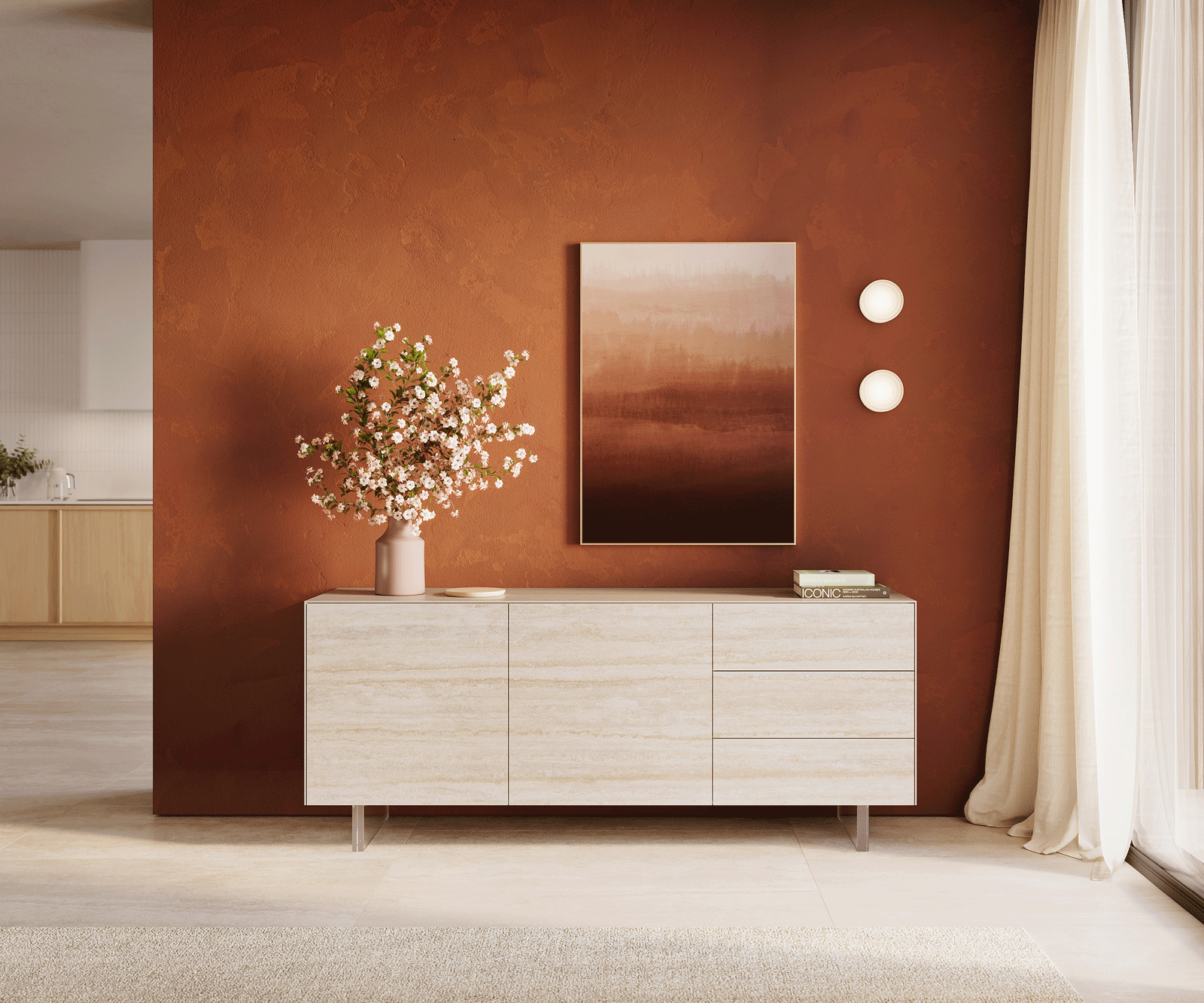 Dressoir Cuor 180 cm Keramiek Laminam® Travertino Bianco Crème-wit 2 Deuren 3 Laden Zwevende voet look Acrylglas 2
