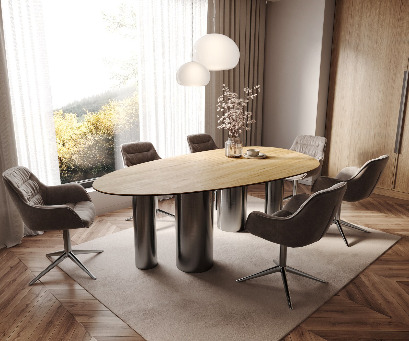 Eetkamertafel Edge ovaal 220x120 keramiek Laminam® Sabbia eiken kleur Pilier roestvrij staal grafiet 6