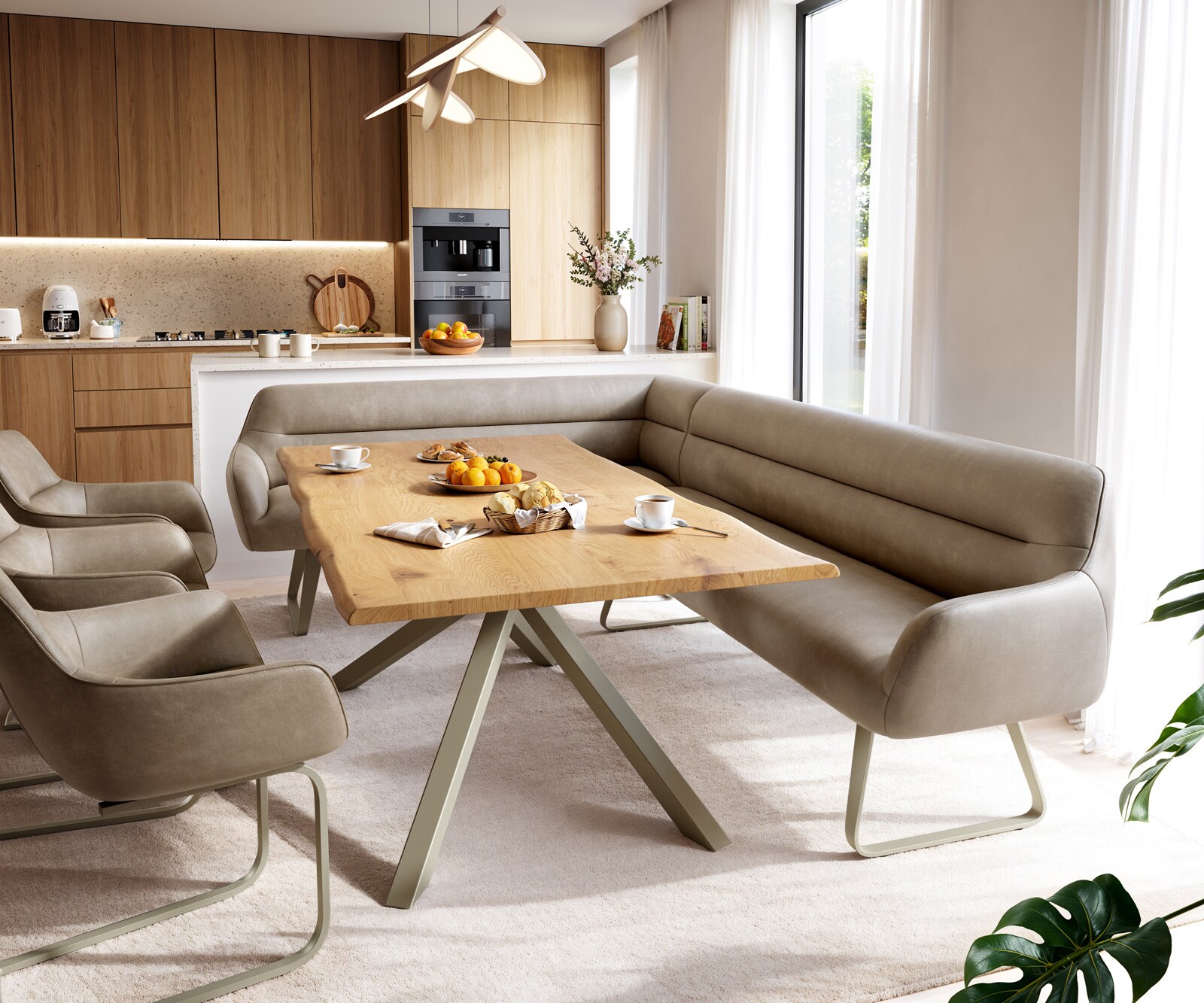 Eetkamerbank Taya-Flex 285x190 cm microvelours beige vintage platte sledebasis afwerking met titaniumeffect pocketvering links 1