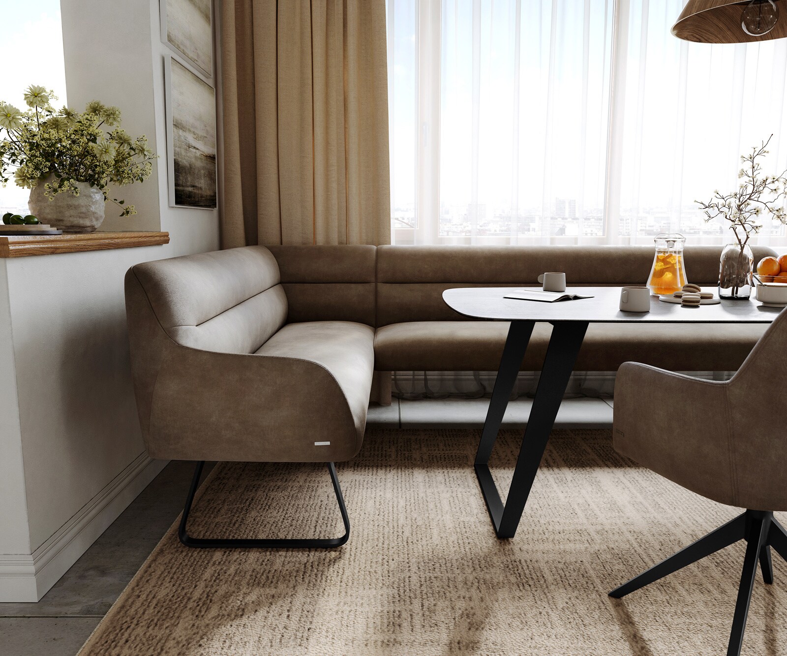 Eetkamerbank Taya-Flex 285x190 cm microvelours taupe vintage platte sledebasis zwart pocketvering rechts 5