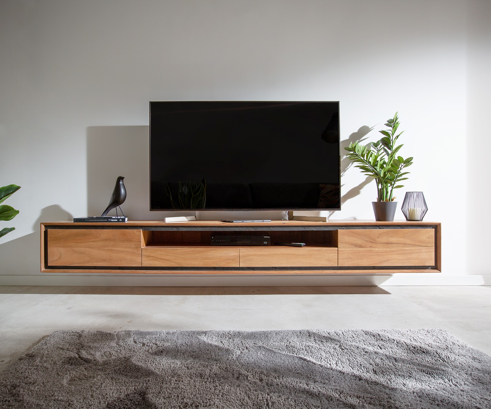 Tv-meubel Stonegrace 240 cm acacia natuur 2 deuren 1 legplank 2 laden steenfineer zwevend 1 Tv-meubel Stonegrace 240 cm acacia natuur 2 deuren 1 legplank 2 laden steenfineer zwevend 1