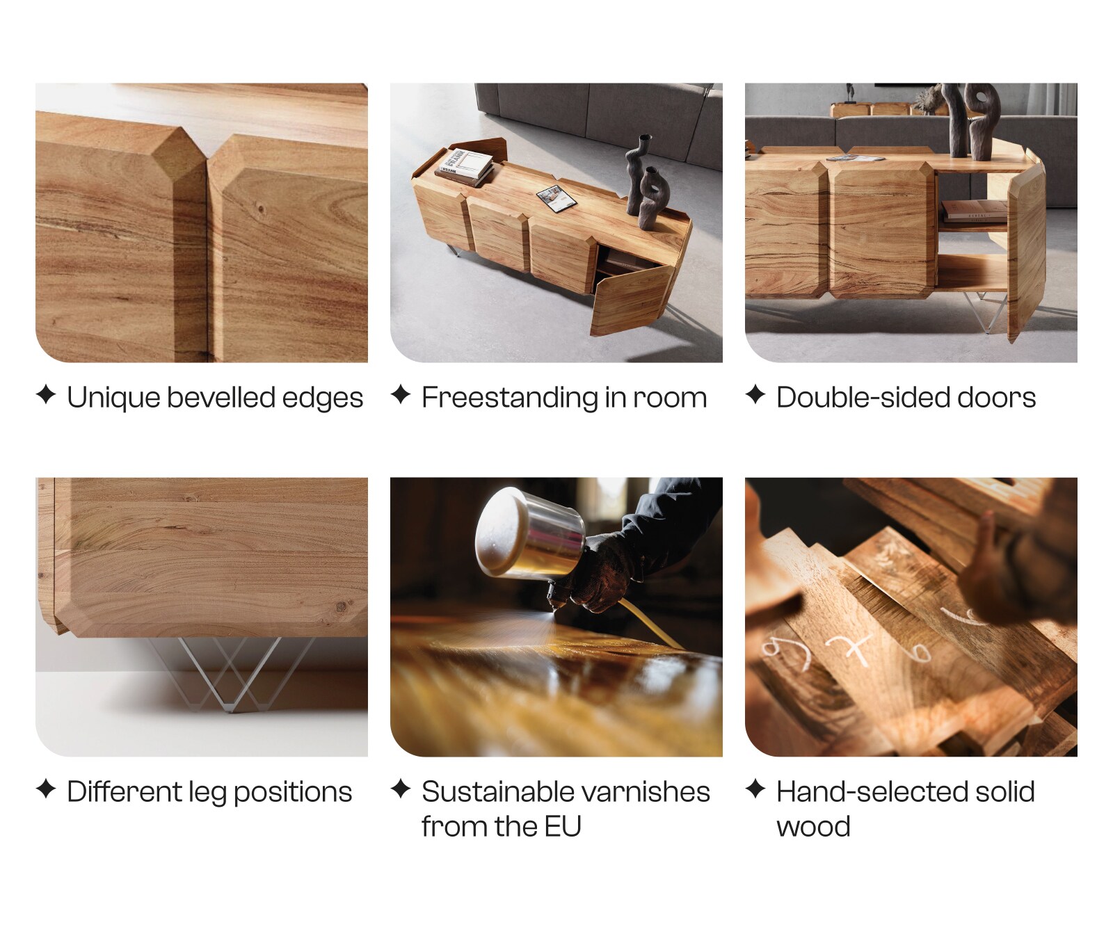 Lowboard Kiano 220 cm Acacia Natuur 4 Deuren V-voet Edelstaal Roomdivider 8