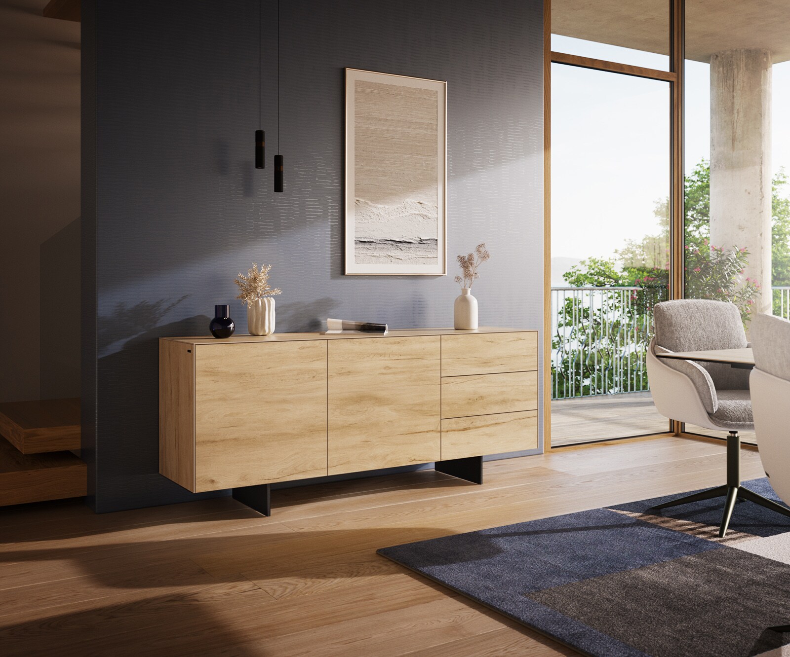 Dressoir Cuor 180 cm Keramiek Laminam® Sabbia Eiken gekleurd 2 Deuren 3 Laden Zwevende voet look Metaal Zwart