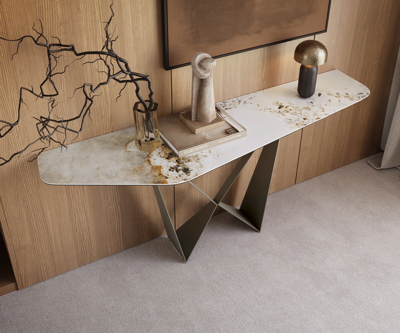 Consoletafel Edge Polygonaal 180x50 cm Keramiek Minas Melange Weiß-Beige Spios Metaal Effektfinish Titan 2