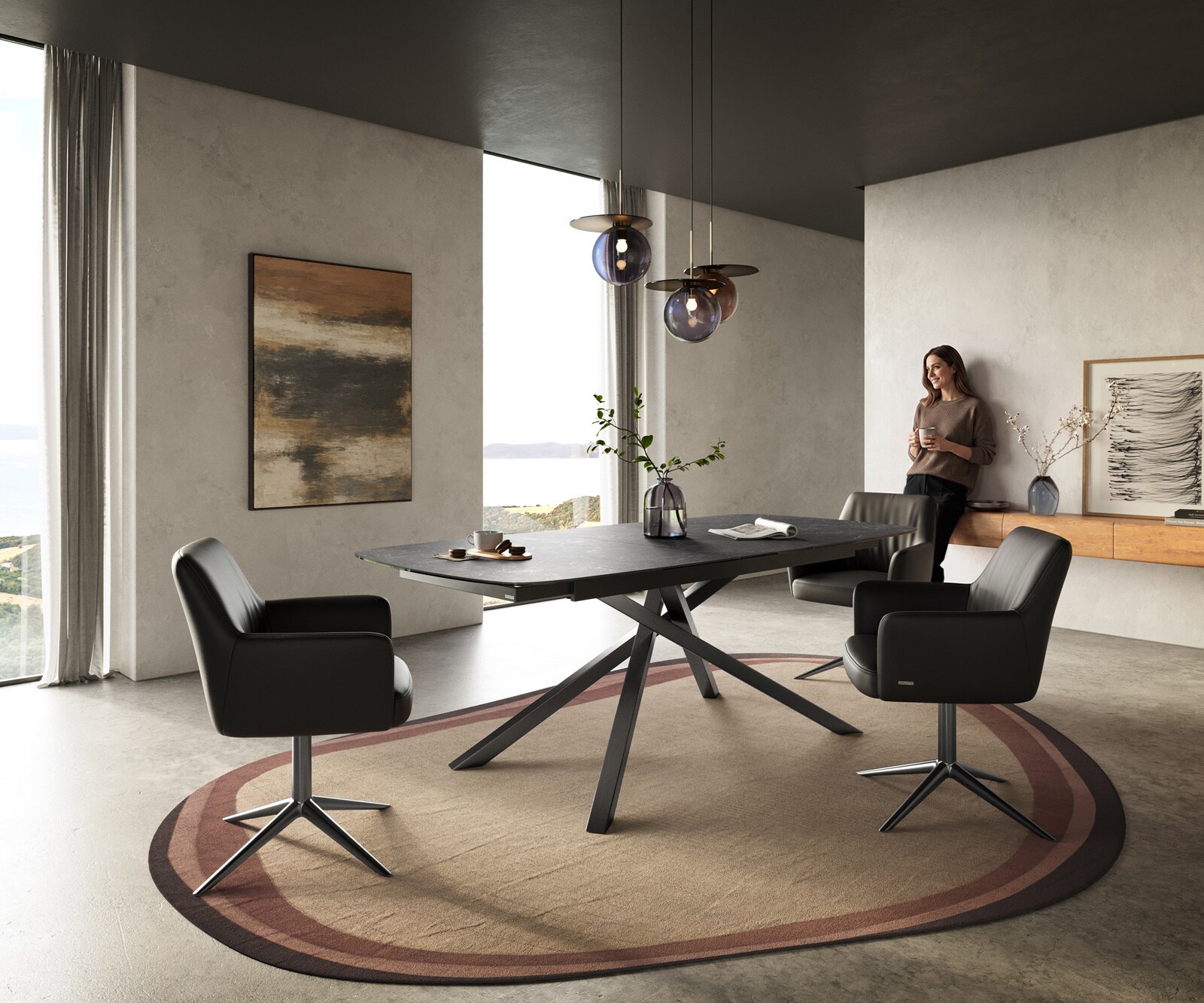 Eettafel Edge Boot 180-220x100 cm Keramiek Laminam® Nero Greco Anthrazit kruisonderstel Rechthoek Roestvrij staal Grafiet uitschuifbaar 6