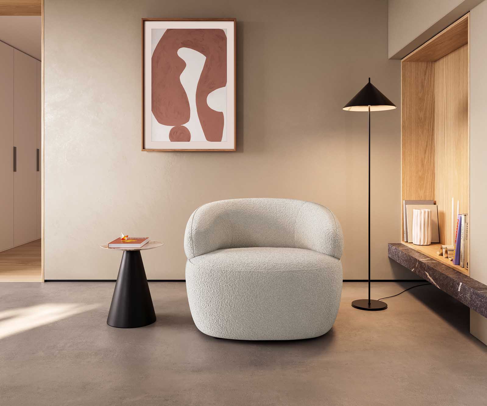Loungestoel Nova 88x88 cm bouclé crème-wit 3