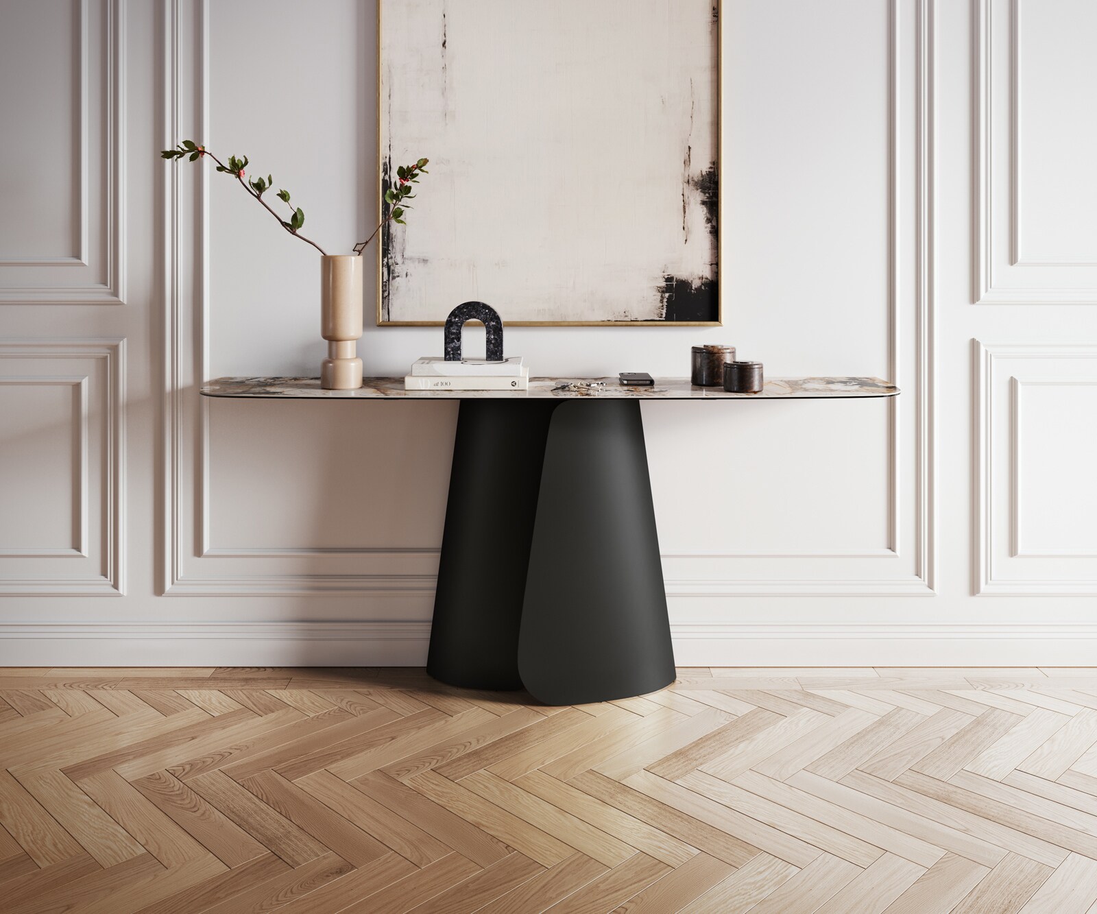 Consoletafel Edge Bootvorm 180x40 cm Keramiek Patagonia Poliert Livos Metaal Zwart 2