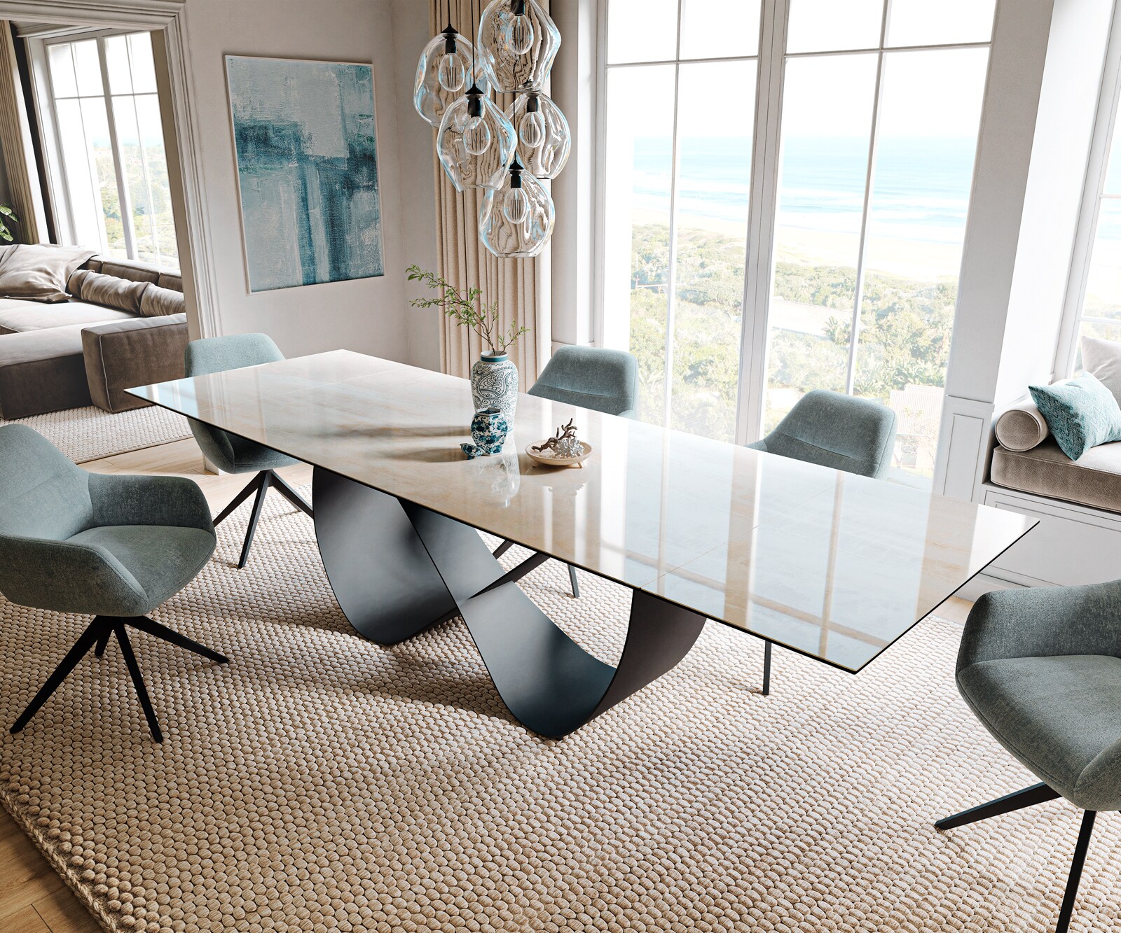 Eettafel Edge 200-300x100 cm keramiek Onyx Champagne Infinity metaal zwart uittrekbaar