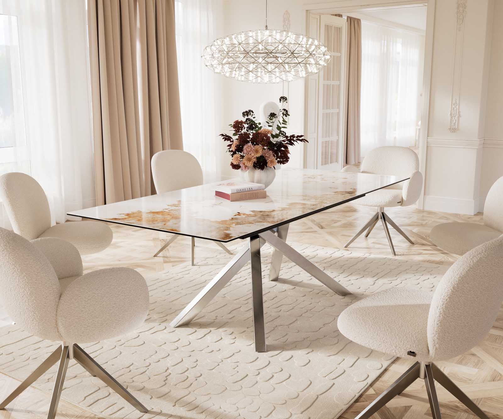 Eetkamertafel Edge 180-220x100 keramiek Minas Melange wit-beige kruisframe rechthoek RVS uitschuifbaar 9