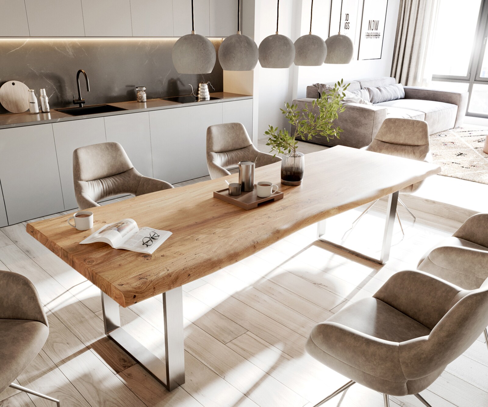 Eettafel Edge 280x100cm XL acacia natuur roestvrijstaal smal Live-Edge