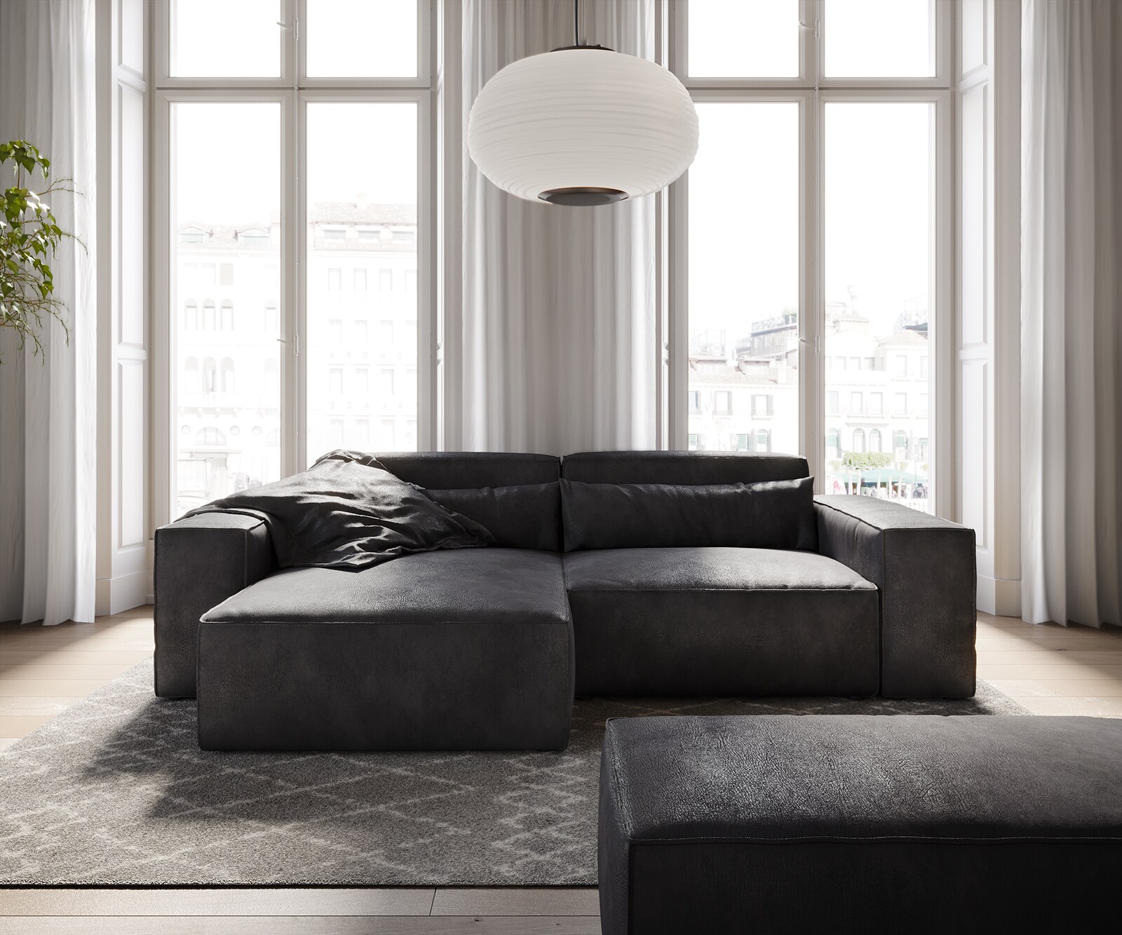 Hoekbank Sirpio 230x155 cm kunstleder vintage antraciet variabele rugleuning met kruk 1