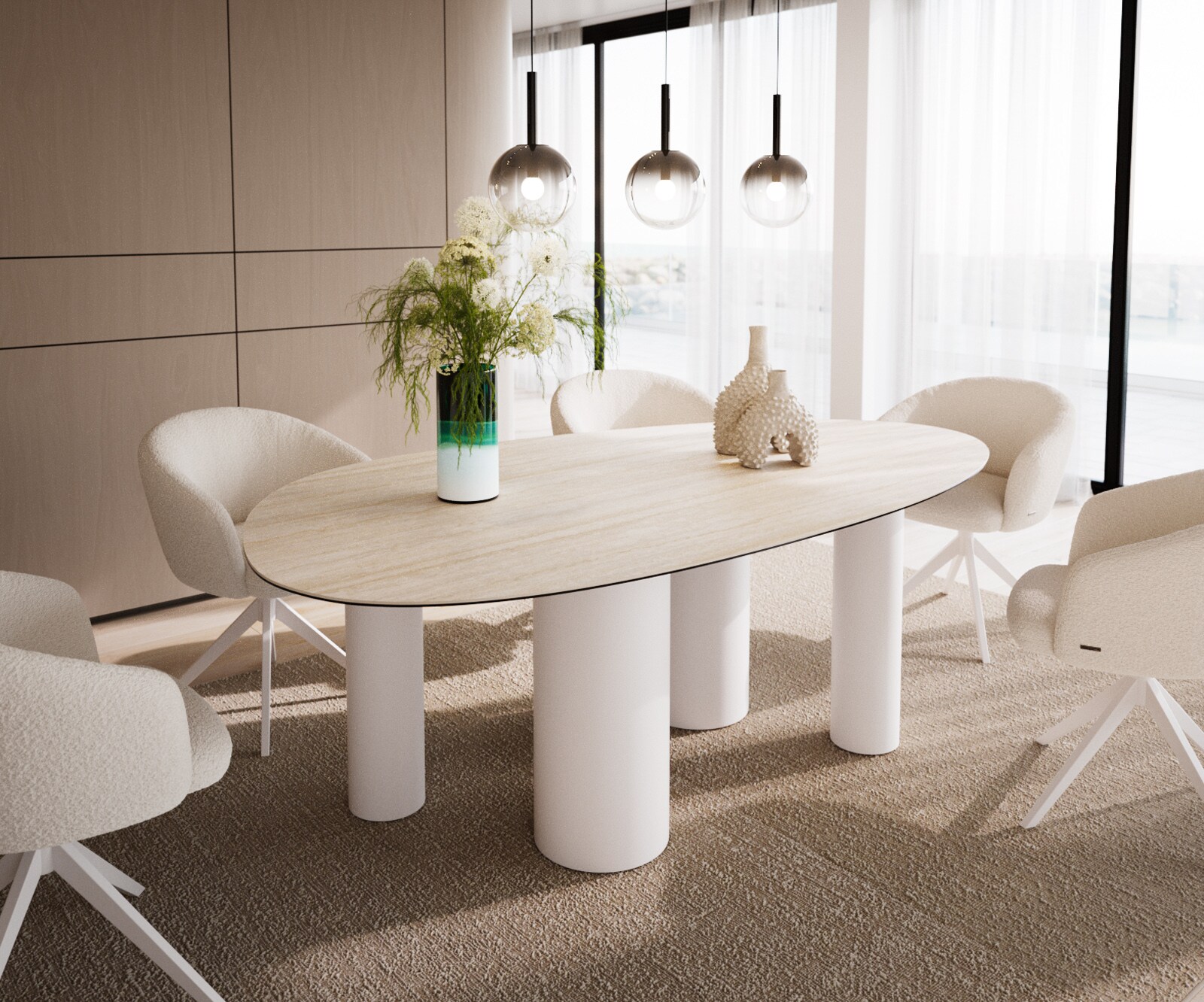 Eetkamertafel Edge ovaal 220x120 keramiek Laminam®Travertino Bianco Creme-wit ​Pilier metaal wit
