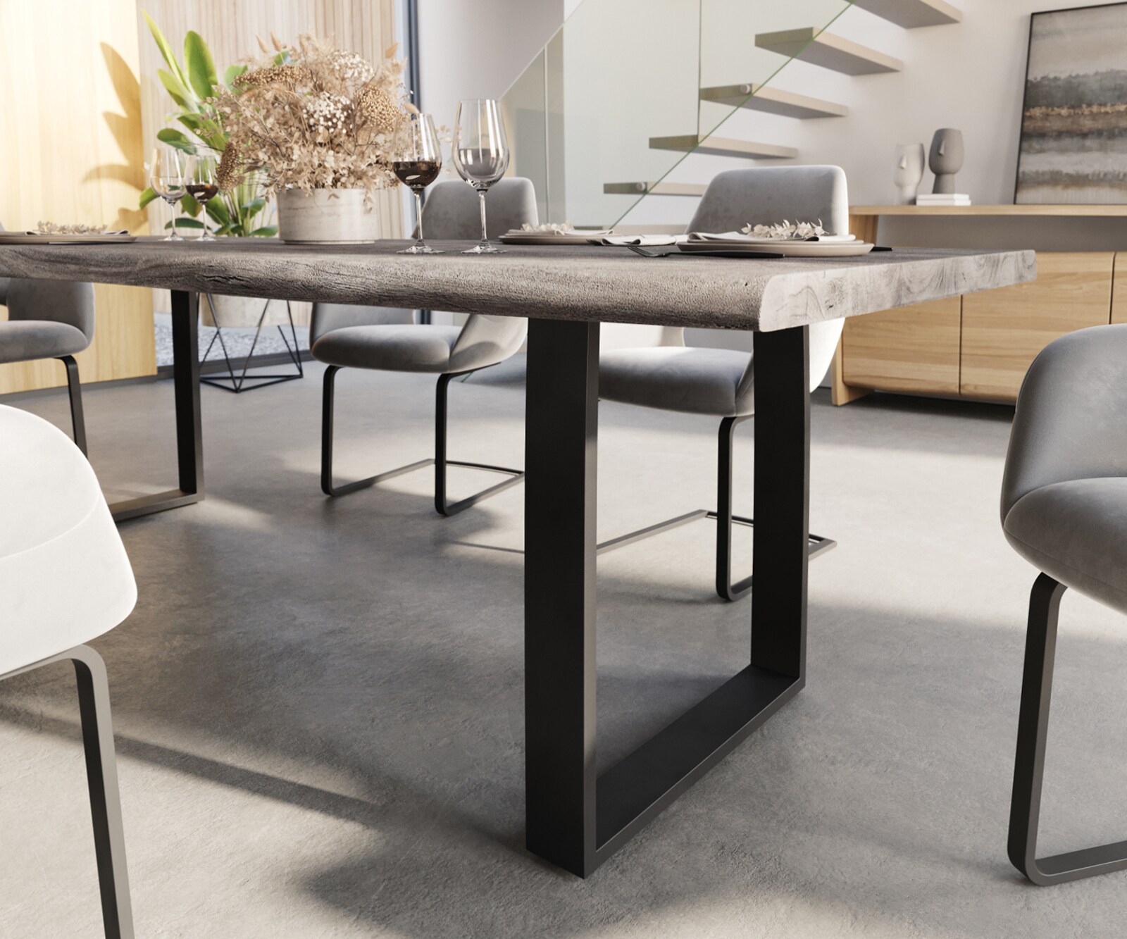 Eettafel Edge 260x100 XL acacia platina  skid  zwart  Live-Edge 4