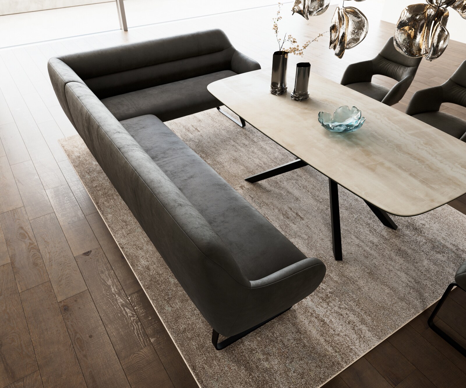 Eetkamerbank Taya-Flex 285x190 cm microvelours anthraciet vintage platte sledebasis zwart pocketvering links 4