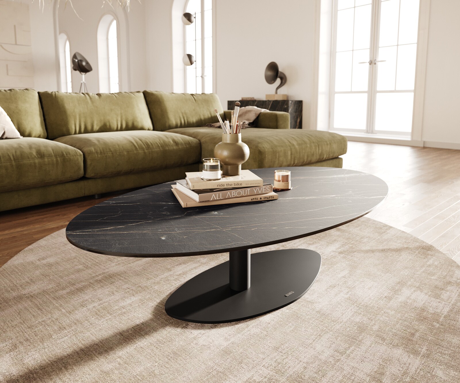 Salontafel Edge Oval 140x80 cm keramiek Laminam® Noir Desir bruin Vibany zwart metaal 1