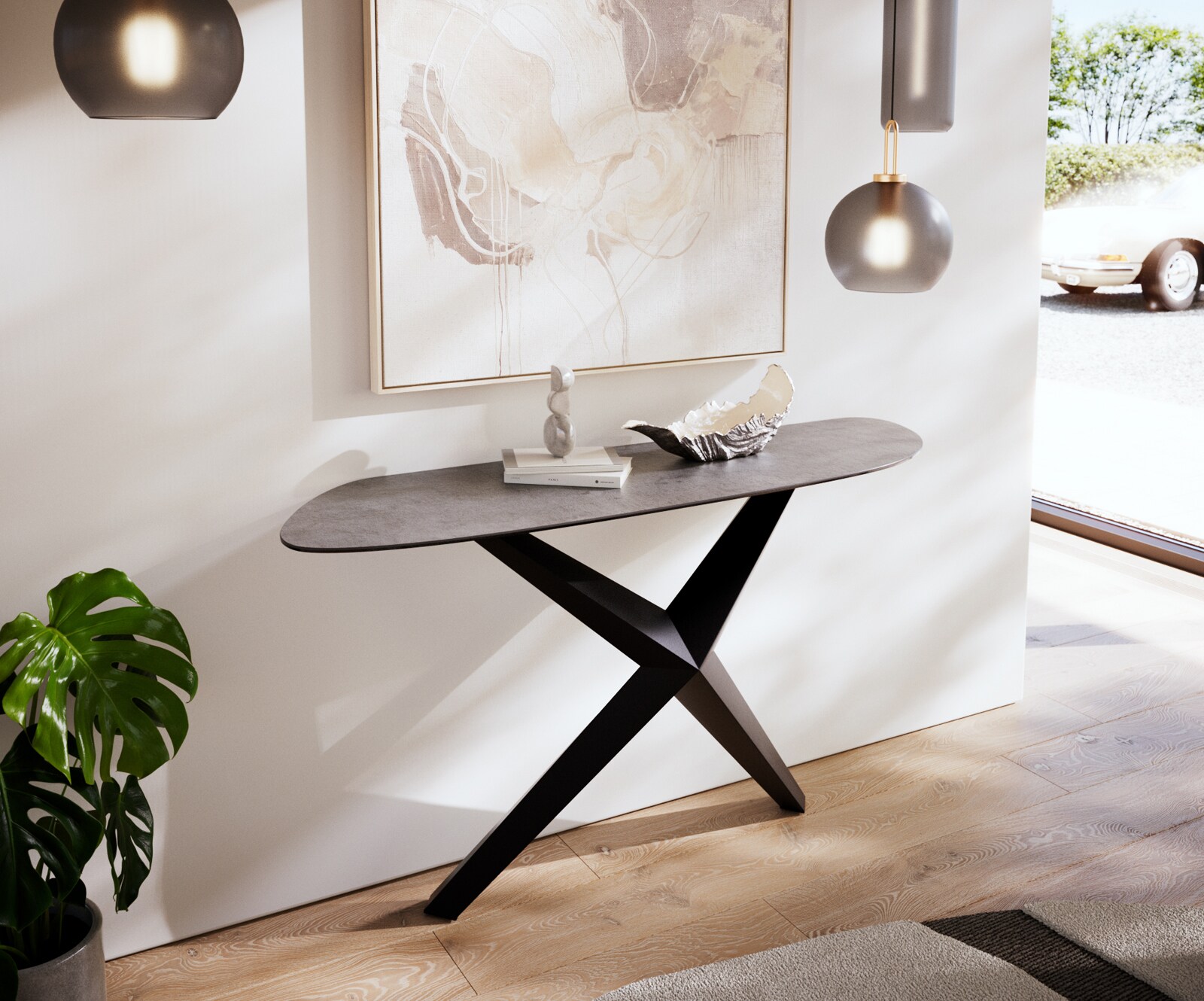 Consoletafel Edge Organisch 140x40 cm Keramiek Beton Grijs Zentharo Metaal Zwart 2