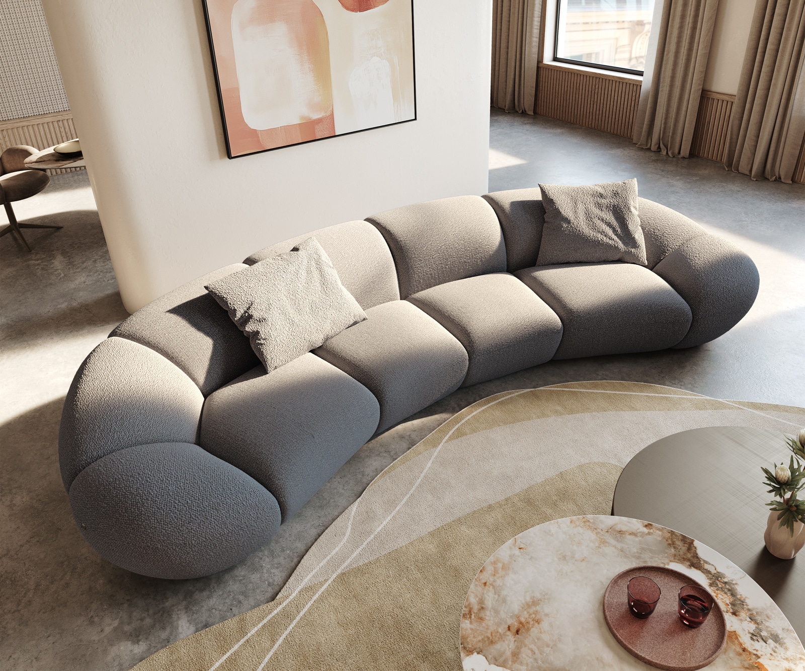 Big-sofa Lunna 360x175 cm Bouclé zilvergrijs 2 kussens 1 Big-sofa Lunna 360x175 cm Bouclé zilvergrijs 2 kussens 1