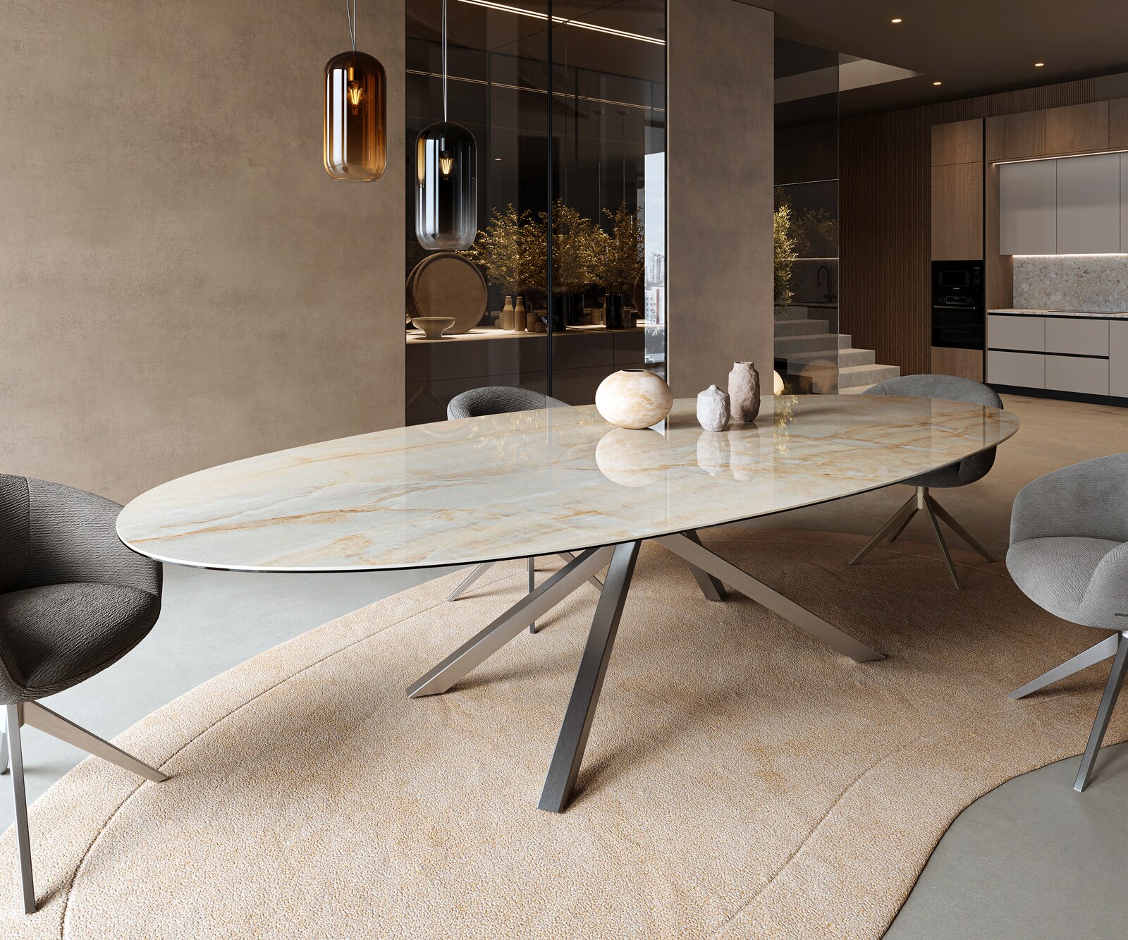 Eetkamertafel Edge Oval 315x150 cm Keramiek Iris FMG Onice Oro kruisonderstel Rechthoek Roestvrij staal 1