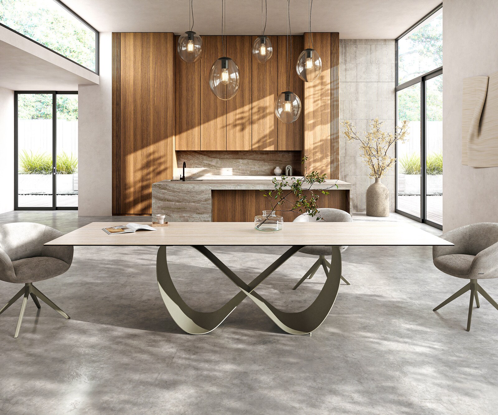 Eettafel Edge 300x100 keramiek  Laminam® Travertino Bianco Creme-wit Infinity metaal effectafwerking Titan 1