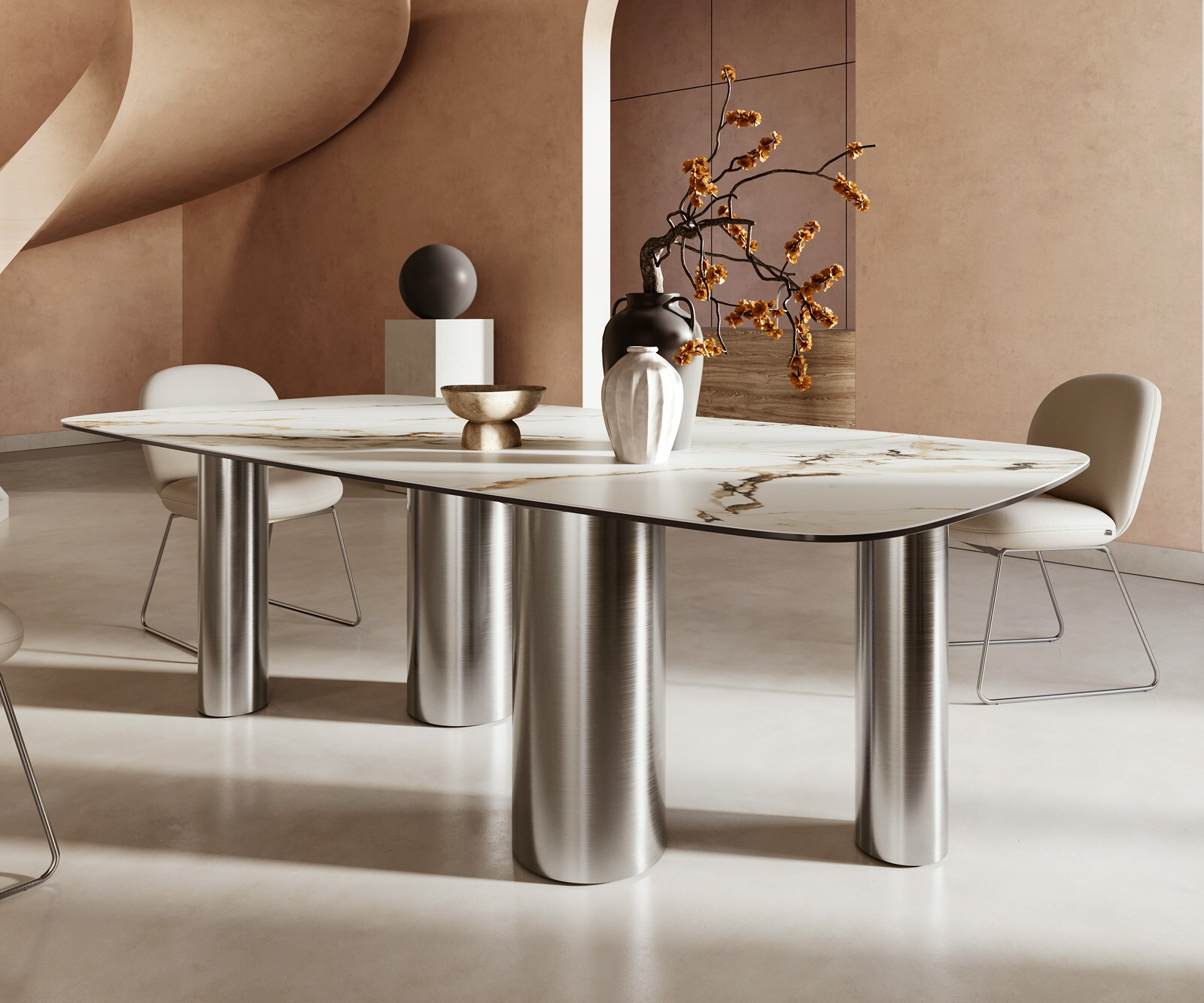 Eettafel Edge boot 240x120cm keramiek Calacatta Luxe wit-goud-grijs pilier roestvrij staal 5