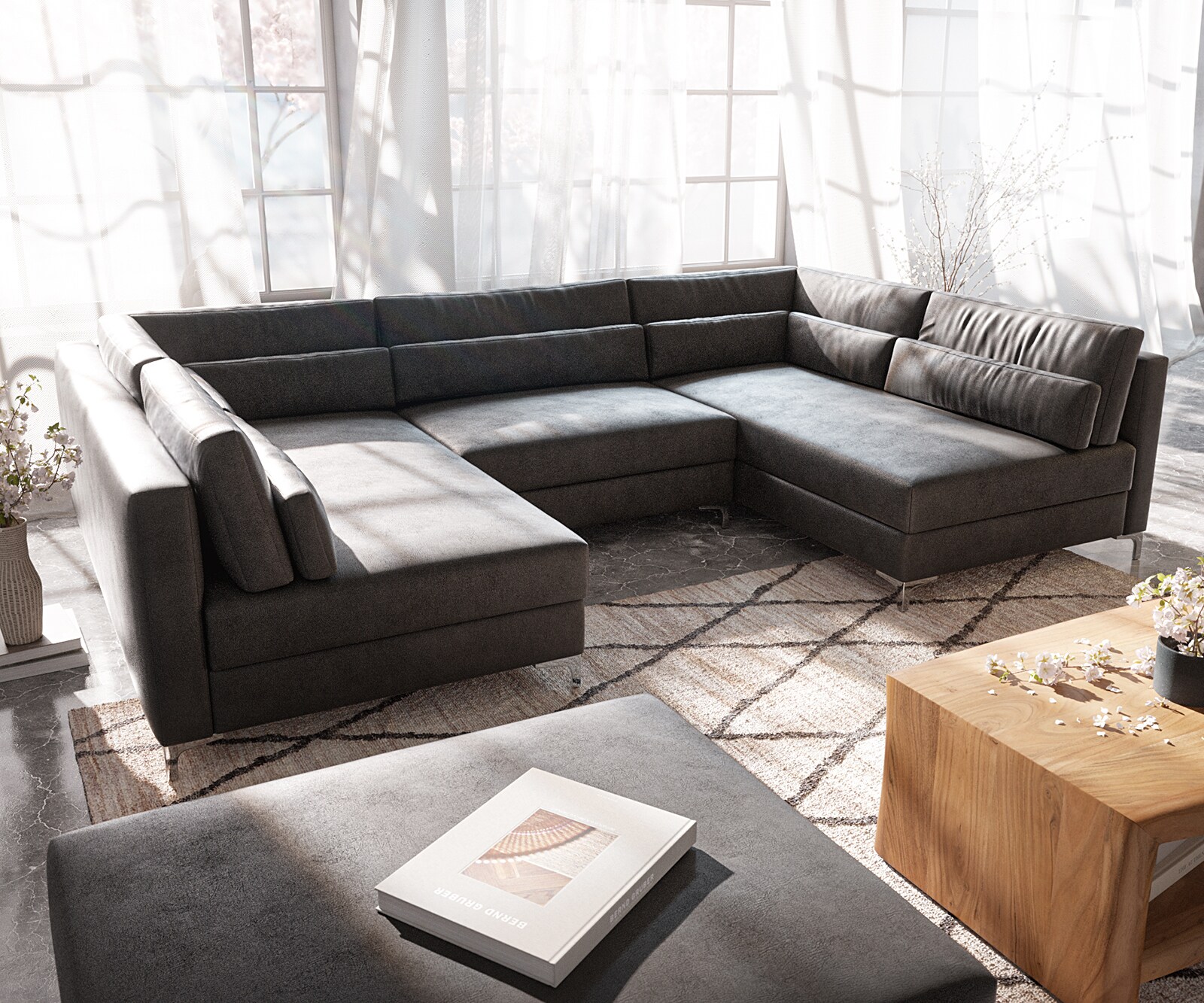 Woonlandschap Elio 300x185 cm kunstleer vintage antraciet met poef 3 Woonlandschap Elio 300x185 cm kunstleer vintage antraciet met poef 3