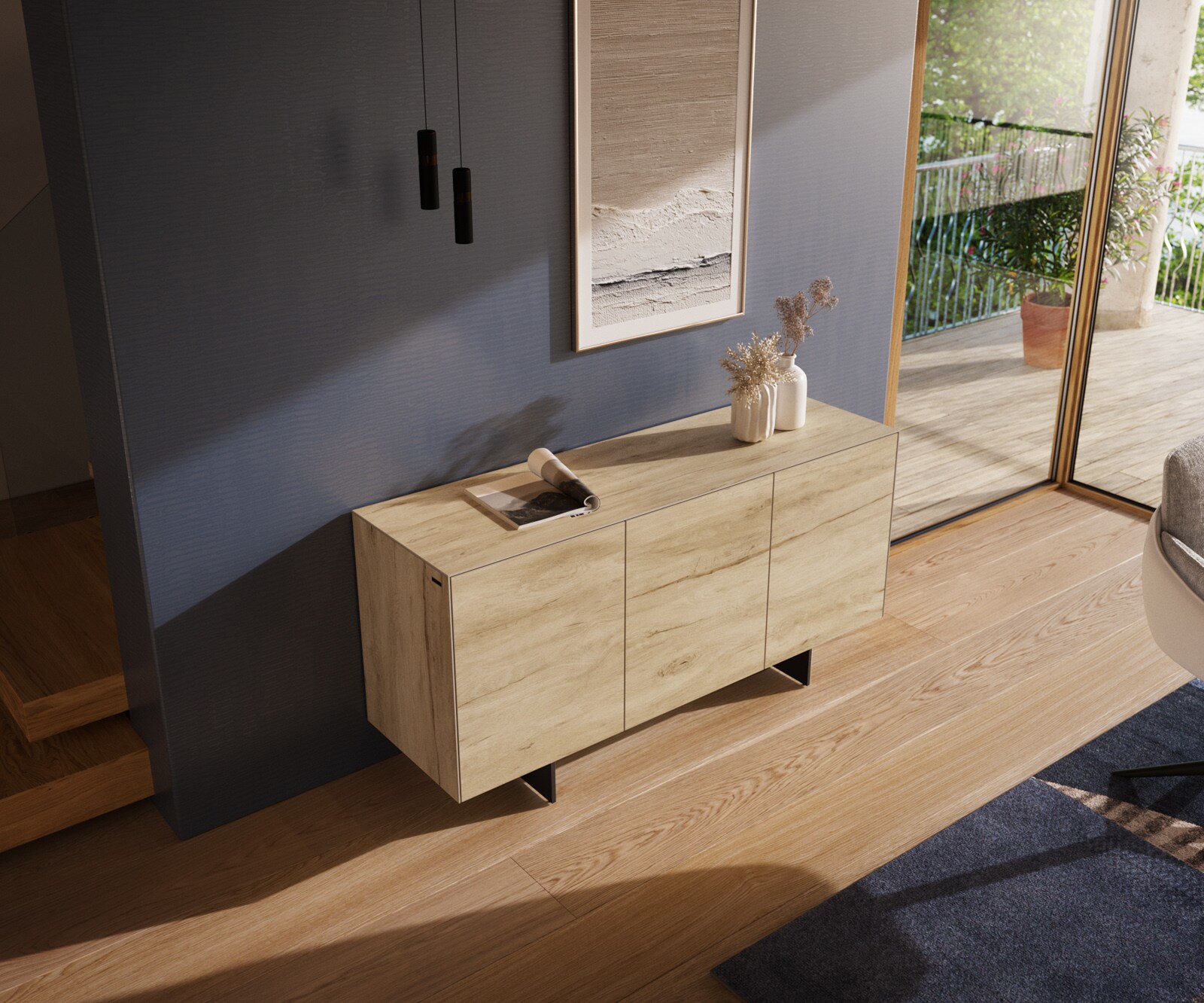 Dressoir Cuor 150 cm Keramiek Laminam® Sabbia Eiken gekleurd 3 Deuren Zwevende voet look Metaal Zwart 4