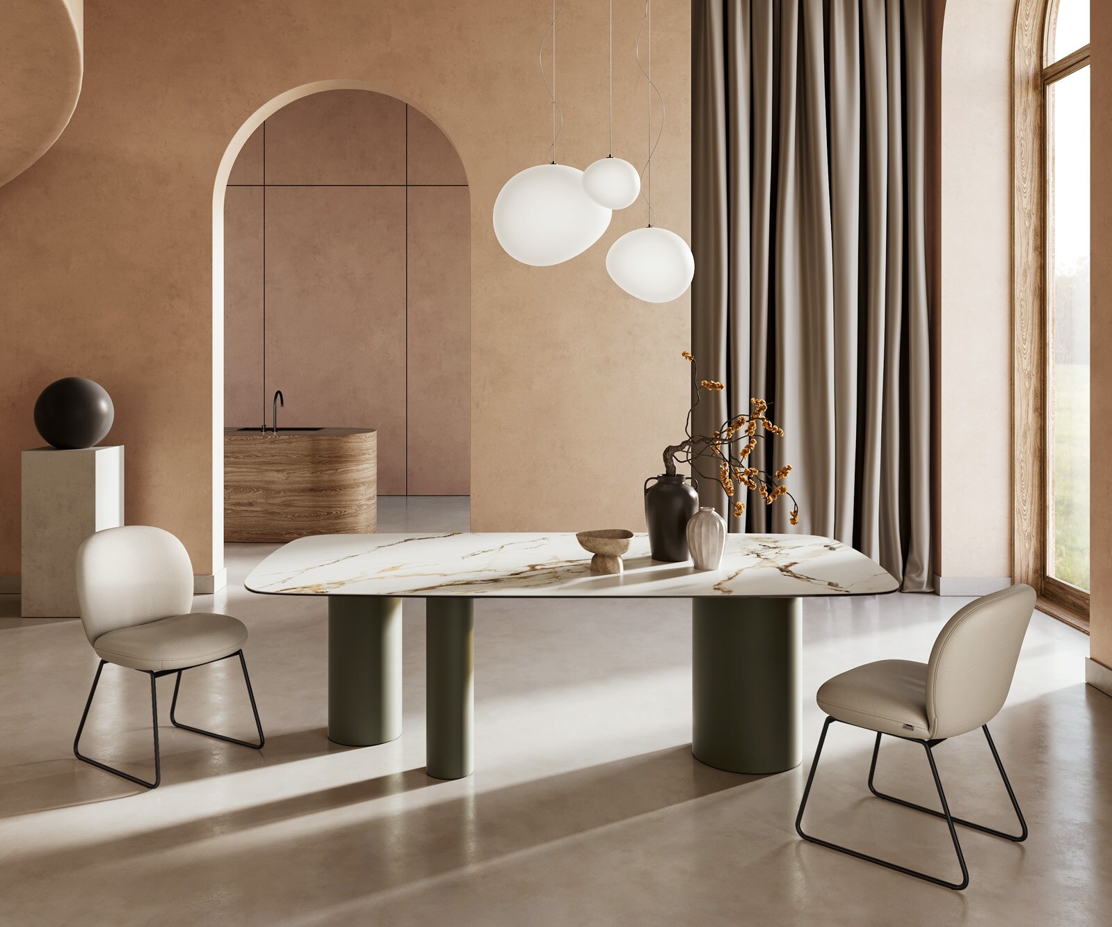 Eettafel Edge boot 240x120cm keramiek Calacatta Luxe wit-goud-grijs Troa metaal effect afwerking titanium