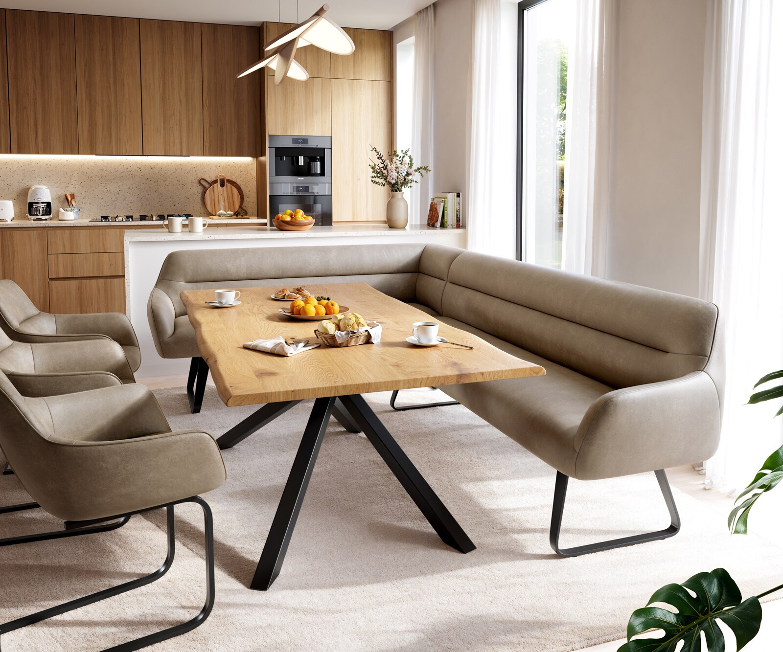 Eetkamerbank Taya-Flex 285x190 cm microvelours beige vintage platte sledebasis zwart pocketvering rechts 1