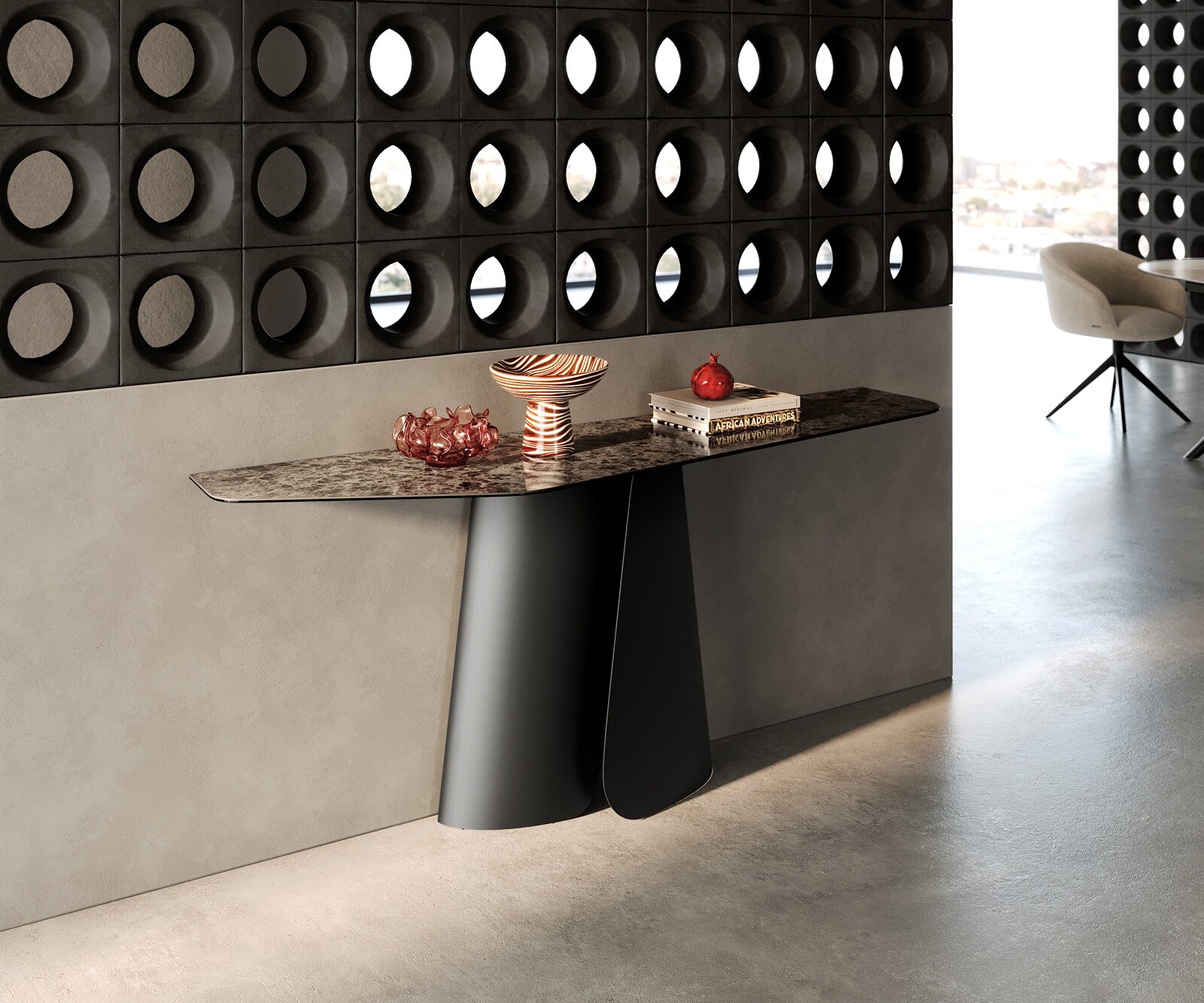 Consoletafel Edge Polygonaal 180x50 cm Keramiek Emperador Extra Lucidato Dunkelbraun Livos Metaal Zwart 1