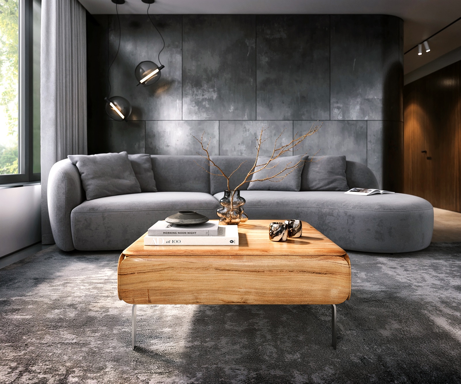 Salontafel Shavani 90x90 cm acacia natuur 2 deuren L-poot RVS zilver 1