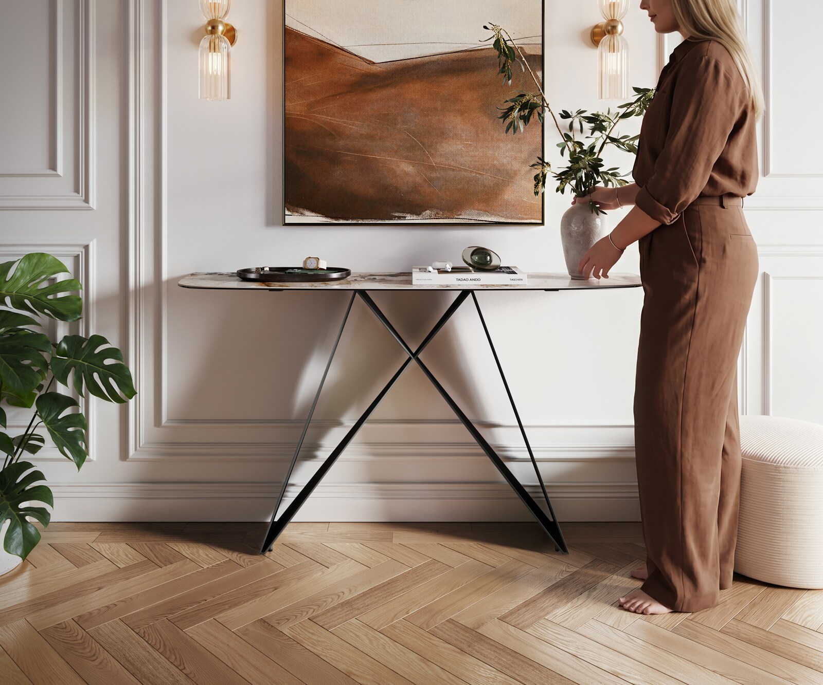 Consoletafel Edge Bootvorm 140x40 cm Keramiek Patagonia Poliert Velio Metaal Zwart 1