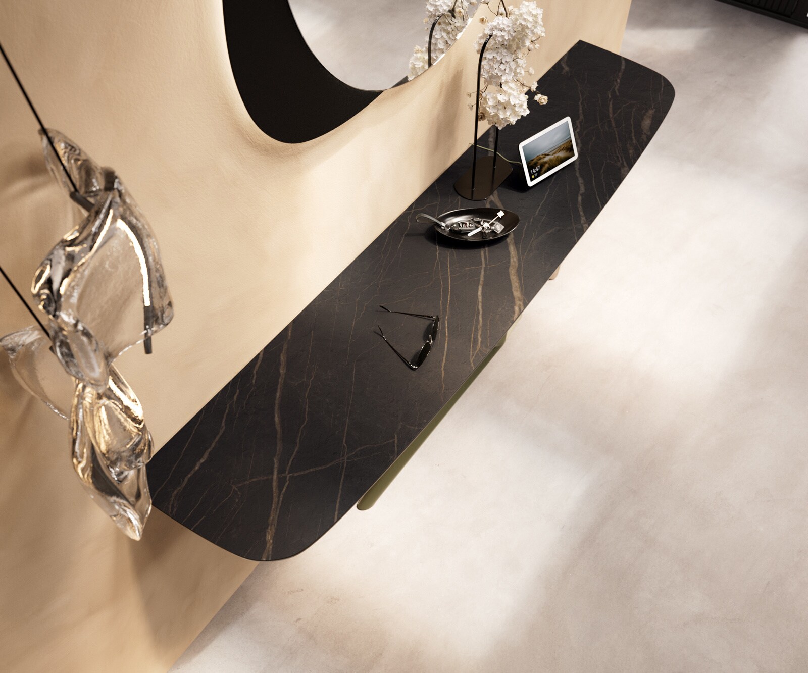Consoletafel Edge Bootvorm 180x40 cm Keramiek Laminam® Noir Desir Braun Estelo Metaal Effektfinish Titan 2